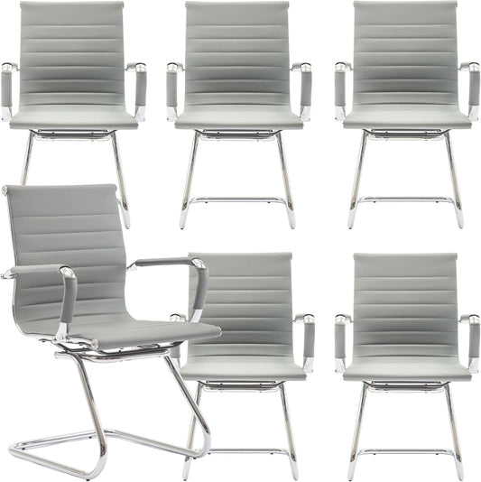 Office Desk Chair Set of 6,No Wheels PU Leather Computer Chairs Mid Back Guest Chairs with Seld Base for School/Reception/Conference/Waiting Room,Grey