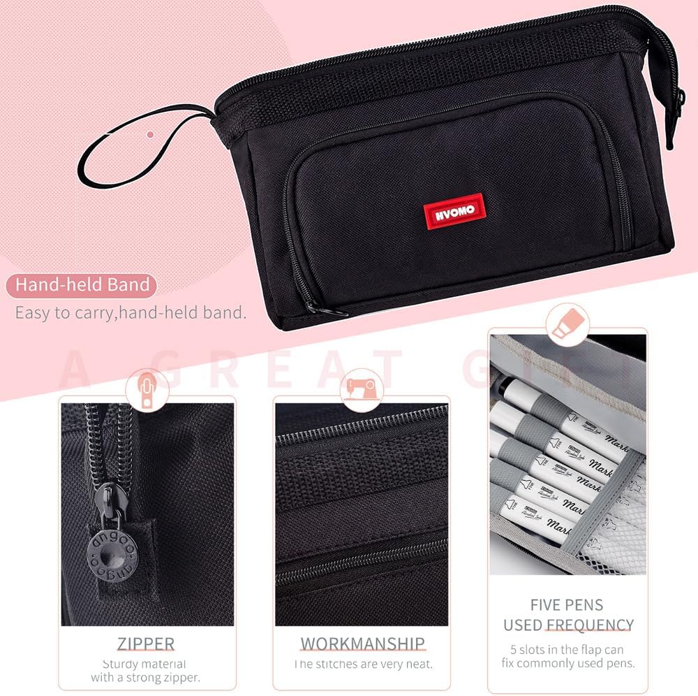 HVOMO Stationery Set,1 large-capacity pencil case,5 quick-drying pens,50 waterproof stickers,2 sticky note pads(200 sheets),1 set of 10-color index labels (200 sheets),Student stationery gift (Black)