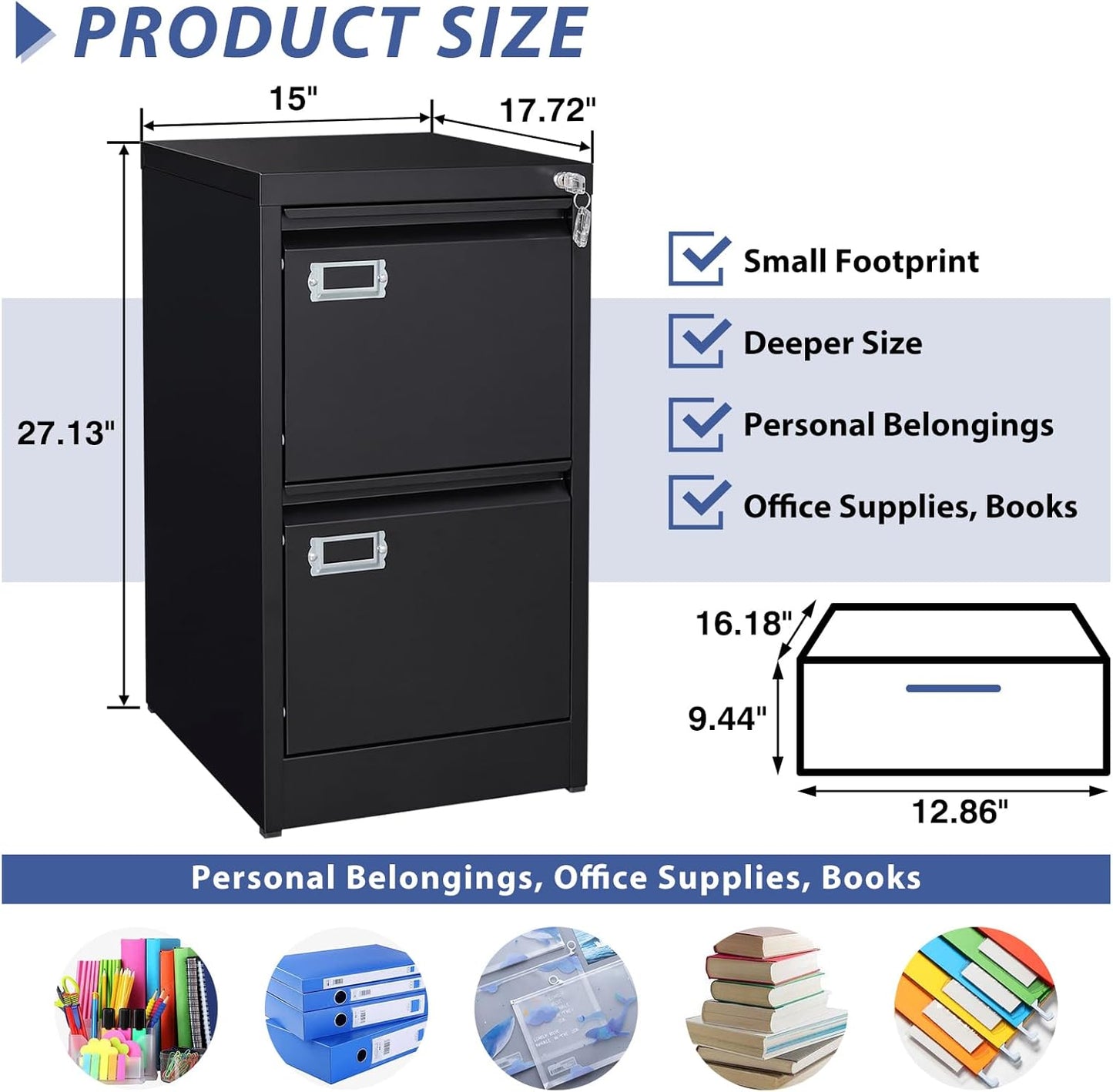 2 Drawer File Cabinet, Filing Cabinets for Home Office, Metal Vertical File Storage Cabinet with Lock, Locking File Cabinet for A4 Legal/Letter, 15.1" W x 17.7" D x 28.7" H, Assembly Required