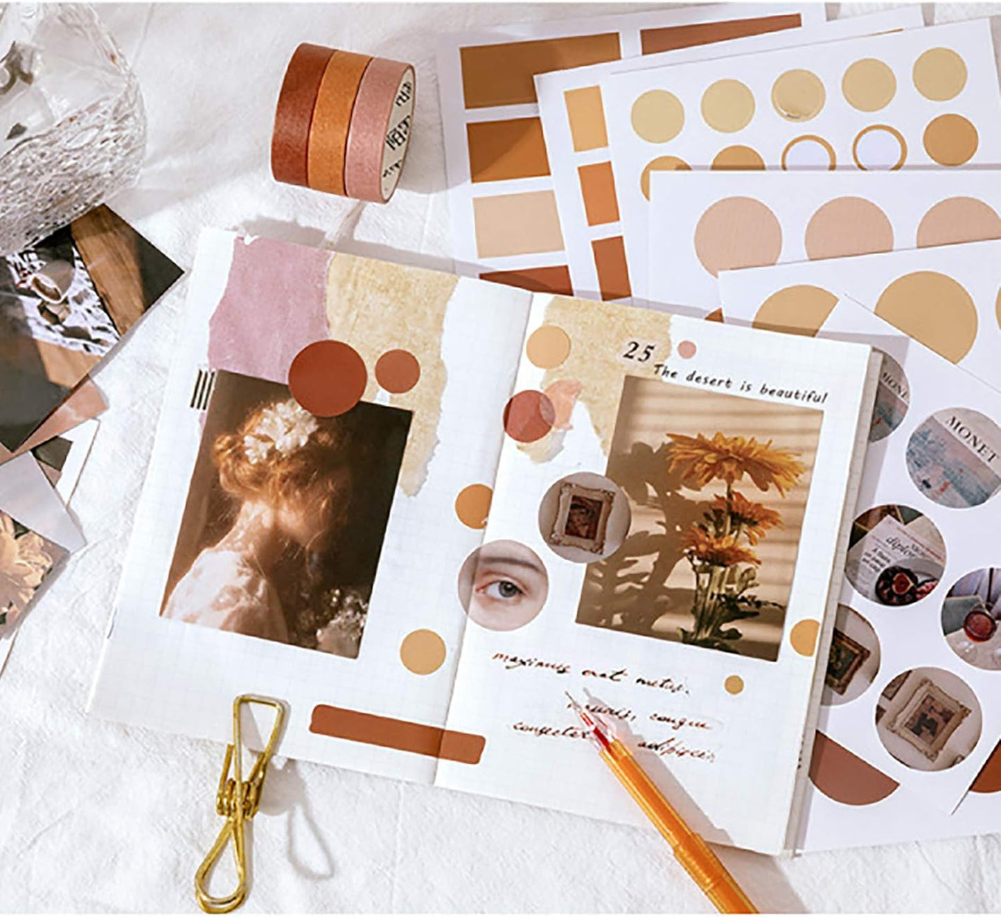 MAXLEAF 64PCS Literary Vintage Ins Style Scrapbook Bullets Journals Decoration Material Pack for DIY Scrapbook Album Decoration with Poster Tapes Stickers (Yellow)