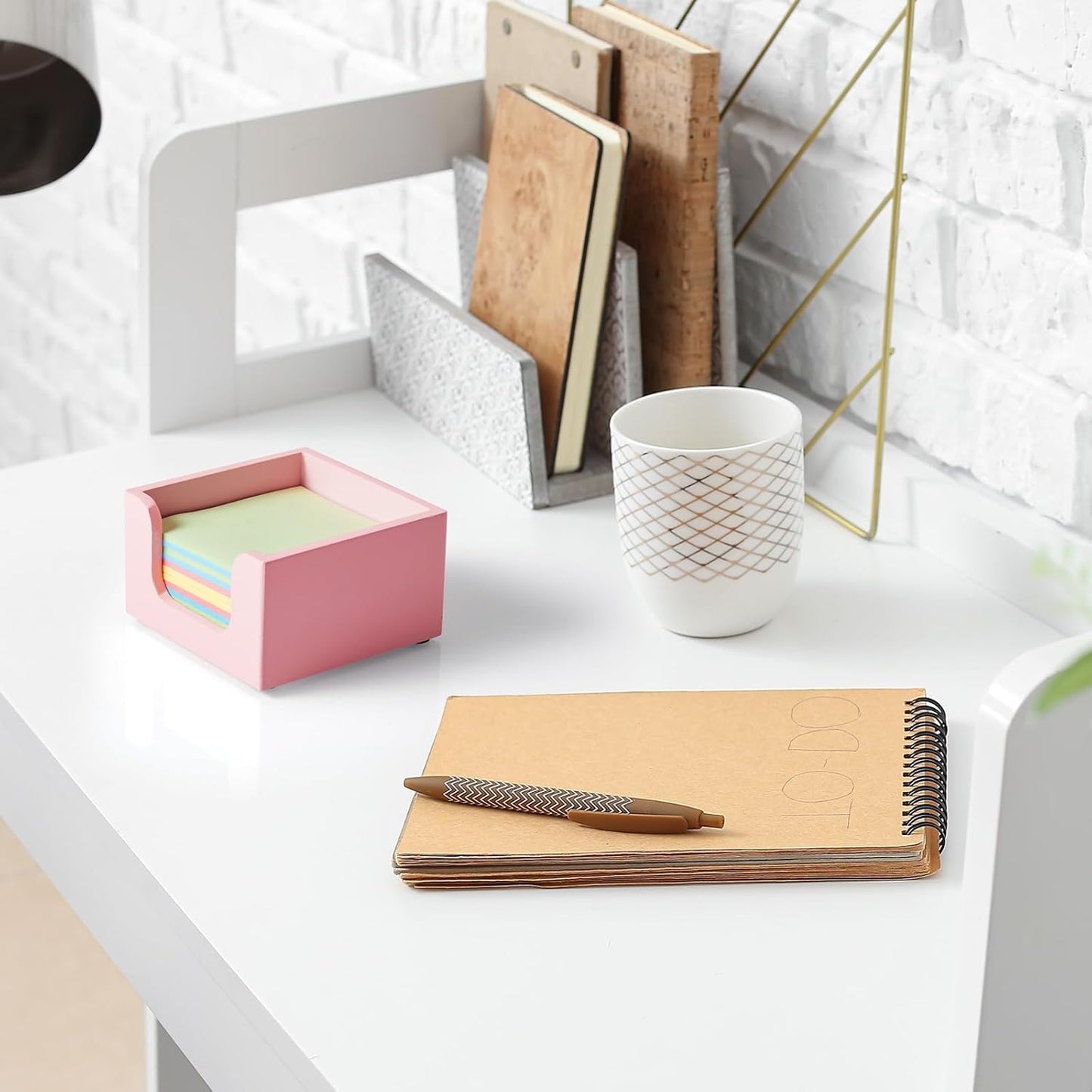 Wood Sticky Note Holder, Post It Note Dispenser for Office Desk Accessories, Self Stick Note Pad Holder, Memo Pad Holder Dispenser Organizer for School Office Desk Supplies, Pink