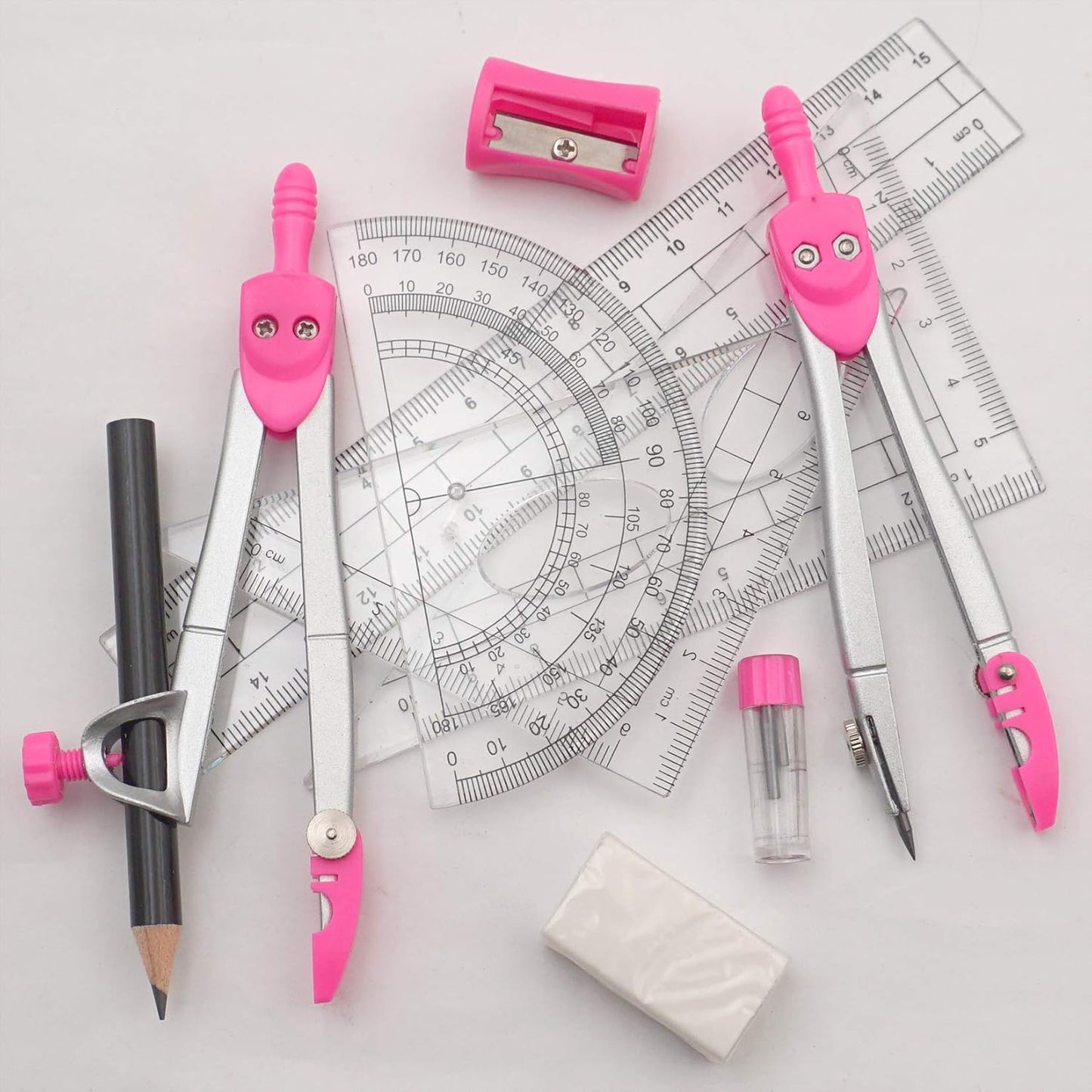 Geometry Set Maths Compasses for Grade Students Back to School Supplies with Compasses Protractor in Carry Case, Pink