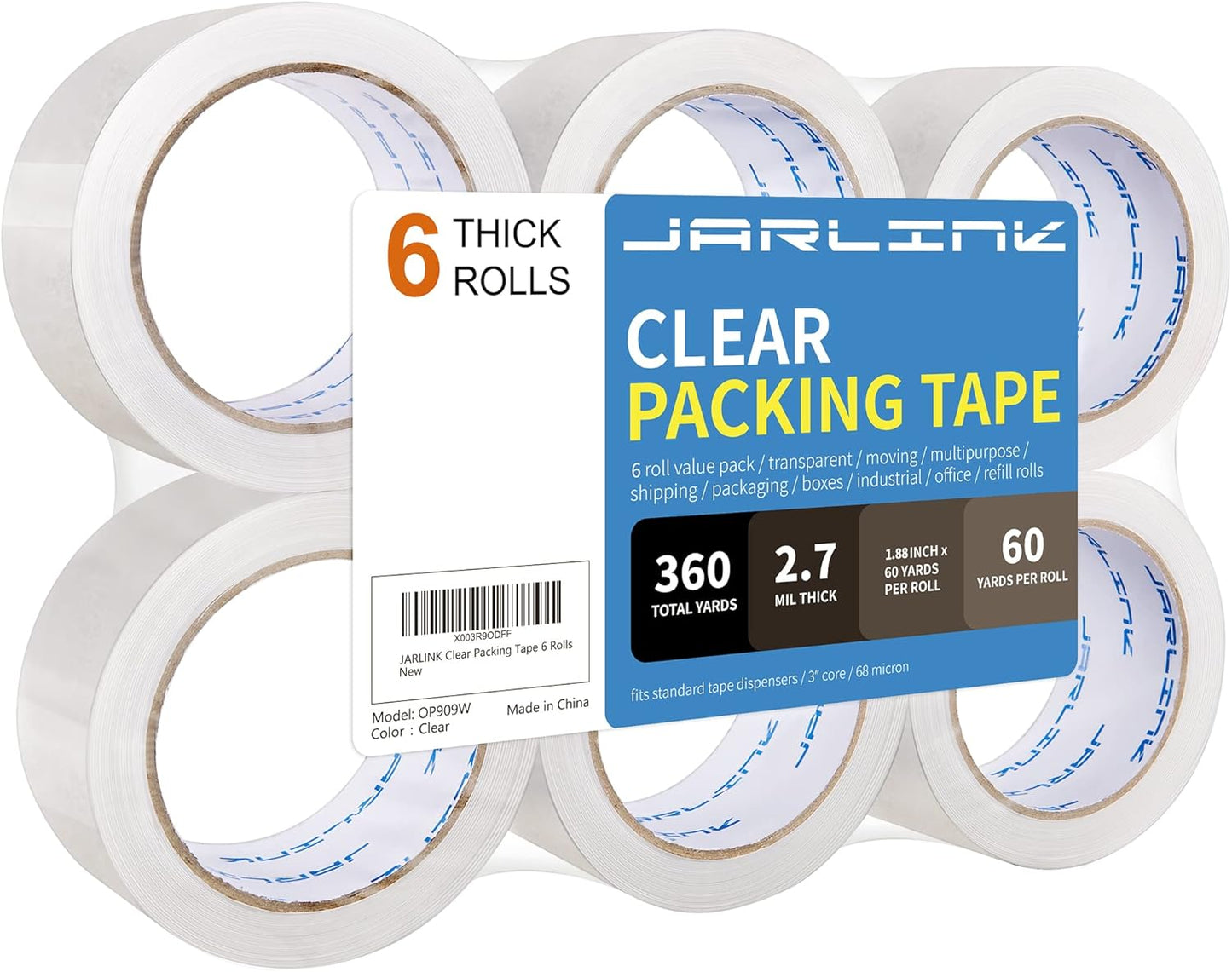 JARLINK Clear Packing Tape (6 Rolls), Heavy Duty Packaging Tape for Shipping Packaging Moving Sealing, 2.7mil Thick, 1.88 inches Wide, 60 Yards Per Roll, 360 Total Yards