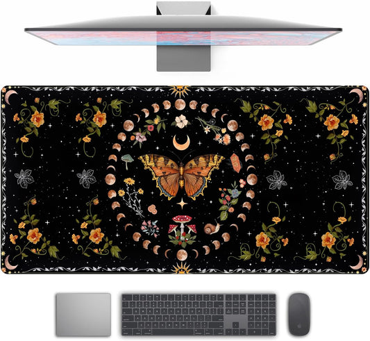 Moth Desk Pad Mushroom Phase Moon Phase Desk Mat, Boho Flowers and Leaves Computer Big Mouse Pad Washable Cloth Non-Slip Rubber Base Keyboard Pad Mouse Mat for Office with Stitched Eges 31.5x15.7 in