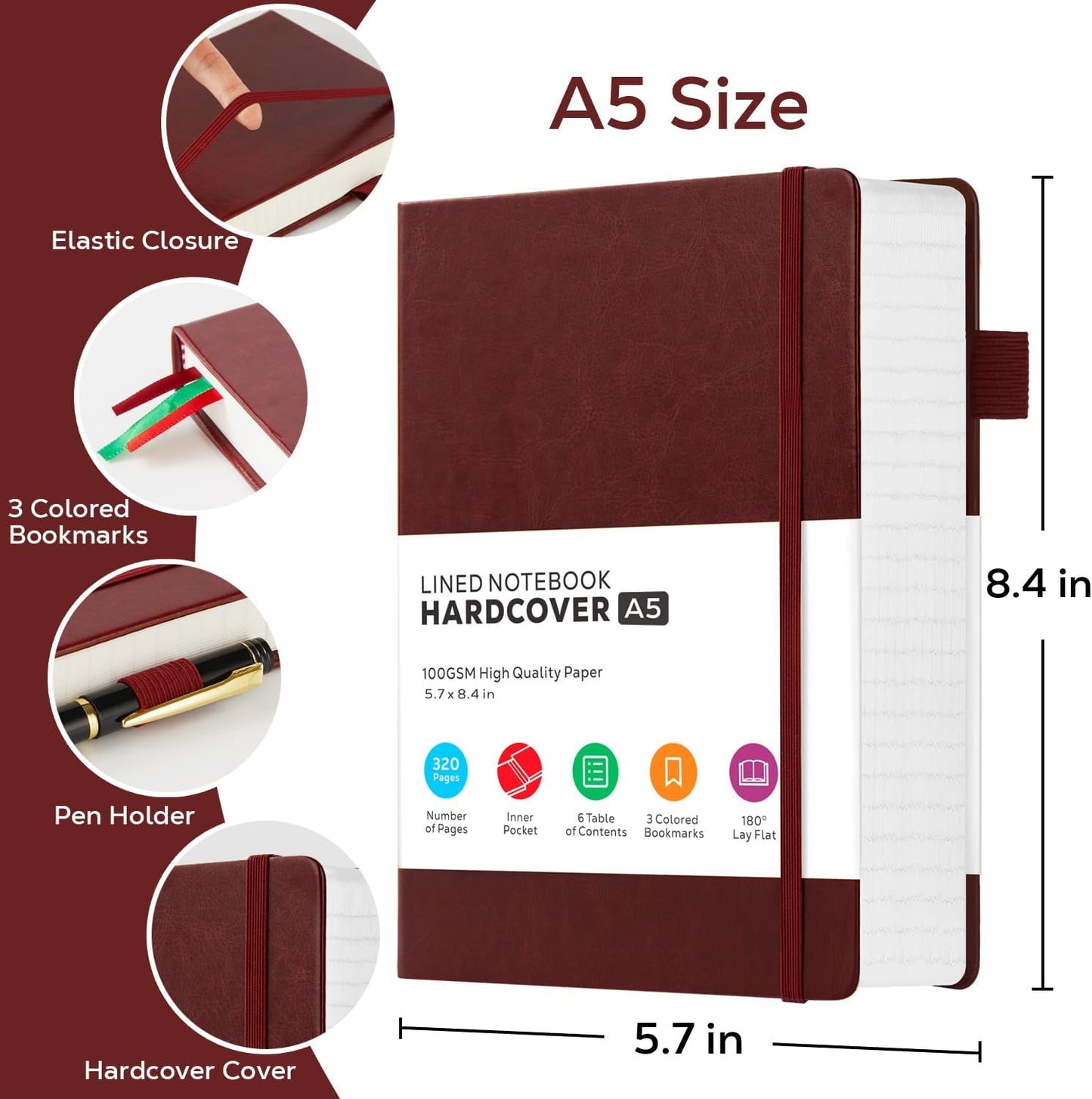 Lined Thick Journal Notebook for Writing Women Men, 320 Pages, Medium 5.7 inches x 8.4 inches, Hardcover Leather Notebook with 100 gsm Thick Paper, Burgundy