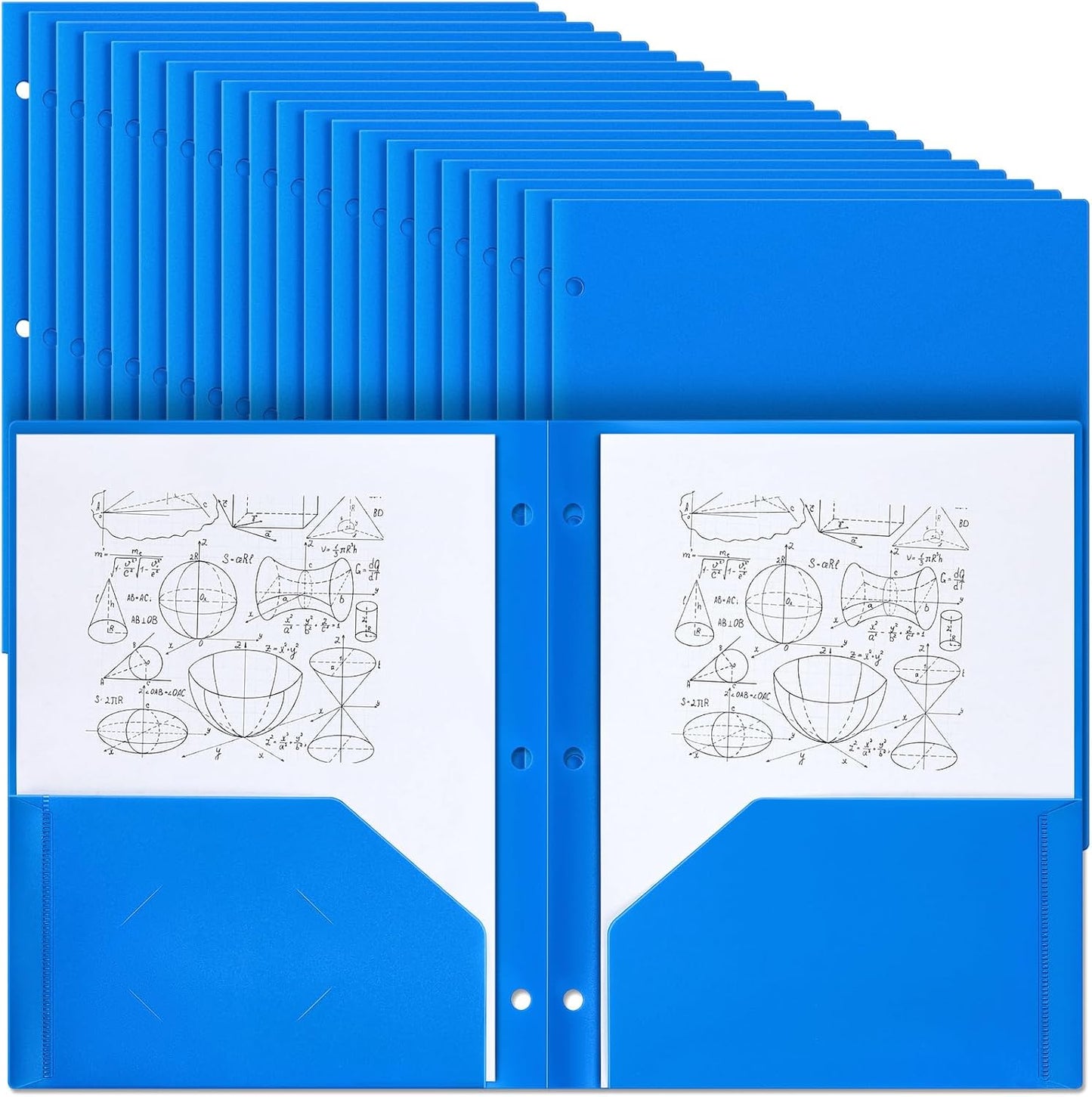 Yeaqee 100 Pcs Plastic Folders with Pockets Bulk 3 Hole Punched 2 Pocket File Folders for 3 Ring Binder Divider Folder for Notebooks, Durable Poly for Office Home (Blue)