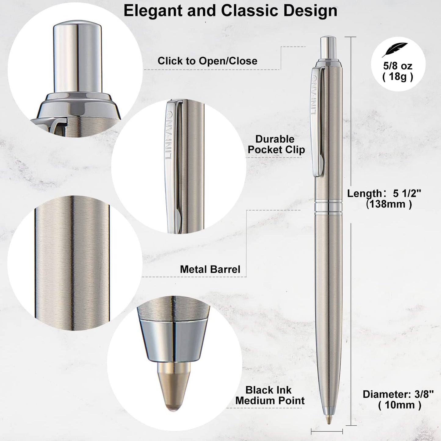 LINFANC 8 Pack Ballpoint Pens, Premium Retractable Metal Ballpoint Pen, Medium Point 1.0mm Black Ink Pen for Home School Work Office Supplies, Stainless Steel Trim, Extra 8 Refills