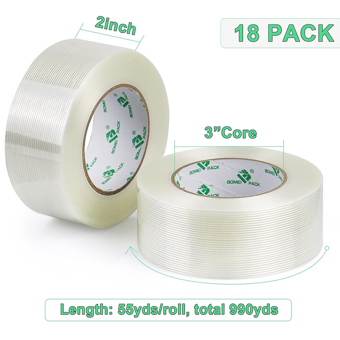 BOMEI PACK 18PACK Fiber Reinforced Packing Tape, 5.5Mil 2Inx 55Yds, Heavy Duty Strapping Tape 2inch
