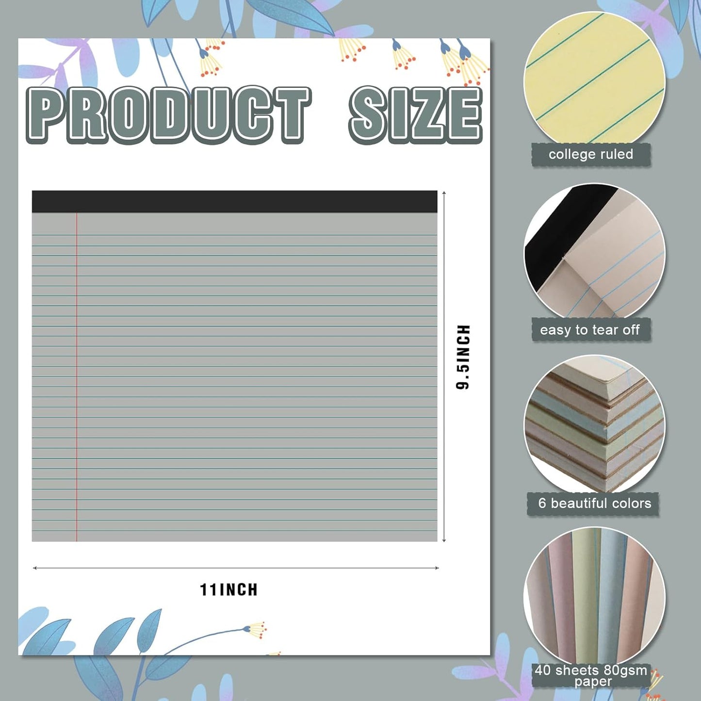 Lincia 6 Pcs 11" x 9.5" Legal Pads College Ruled Notepad Landscape Notebook Horizontal Lined Notebook 80 Gsm Assorted Colors Paper Pastel Writing Pads for School Office, 40 Sheet (Sweet Color)