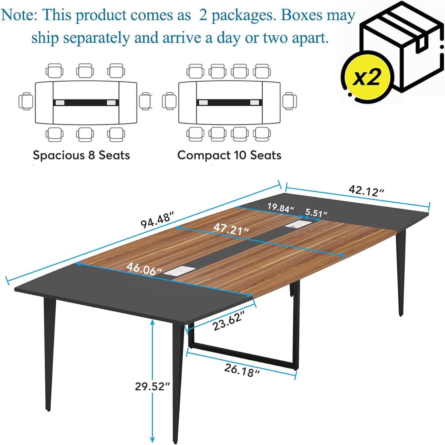 Tribesigns 8FT Conference Table, 94.48L x 47.24W x 29.52H Inches Boat Shaped Meeting Table with Rectangle Grommet, Modern Seminar Boardroom Table for Office Conference Room (8ft, Walnut & Black)
