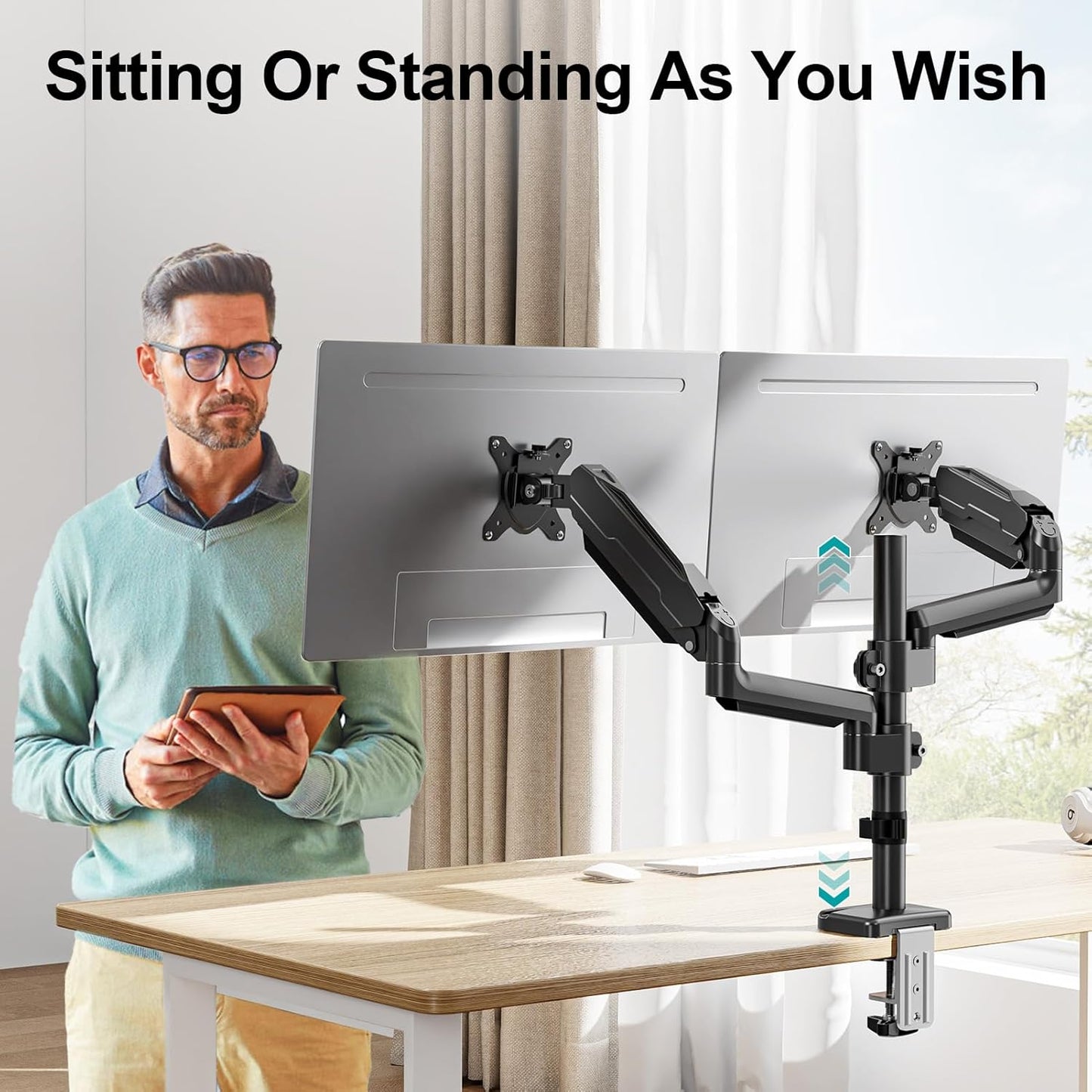 MOUNT PRO Dual Monitor Mount for 13-32" Computer Screen, Tall Monitor Stands for 2 Monitors, Adjustable Gas Spring Double Vertical Monitor Desk Mount, Each Arm Holds 4.4 to19.8lbs, VESA Mount, Black