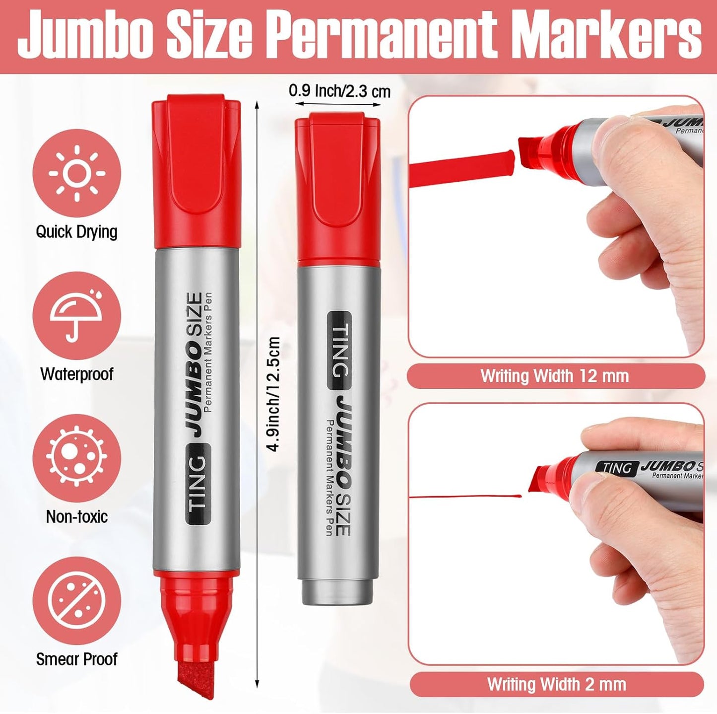 Fuutreo 10 Pack Jumbo Permanent Markers Bulk Large Chisel Tip Permanent Markers Quick Drying Waterproof Big Huge Poster Pens for Office, Logistics Company and More(Red)