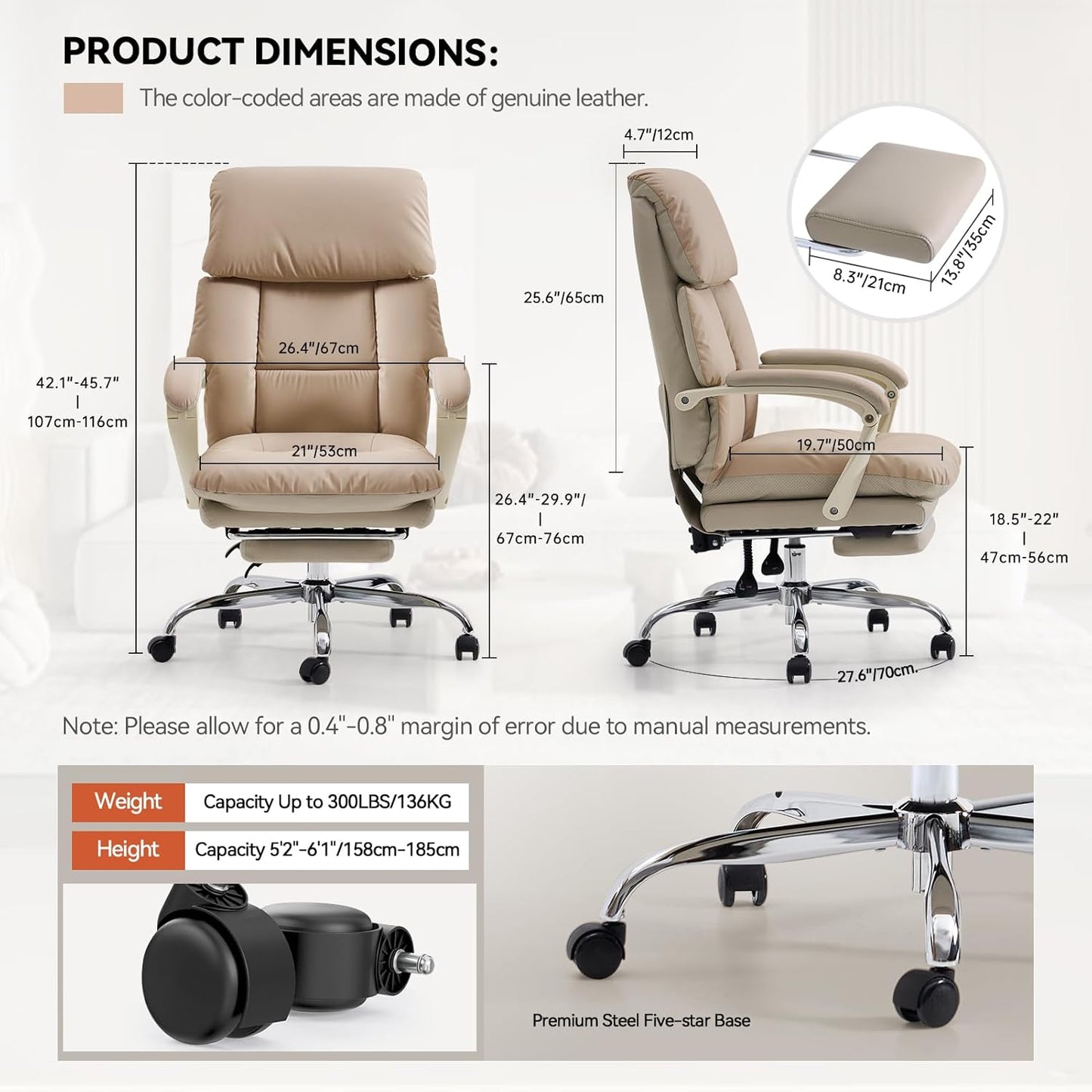 EMIAH Genuine Leather Office Chair with Foot Rest, Reclining Ergonomic Executive Office Chair with Arms, High Back Comfy Swivel Computer Desk Chairs with Wheels and Lumbar Support for Home, Beige
