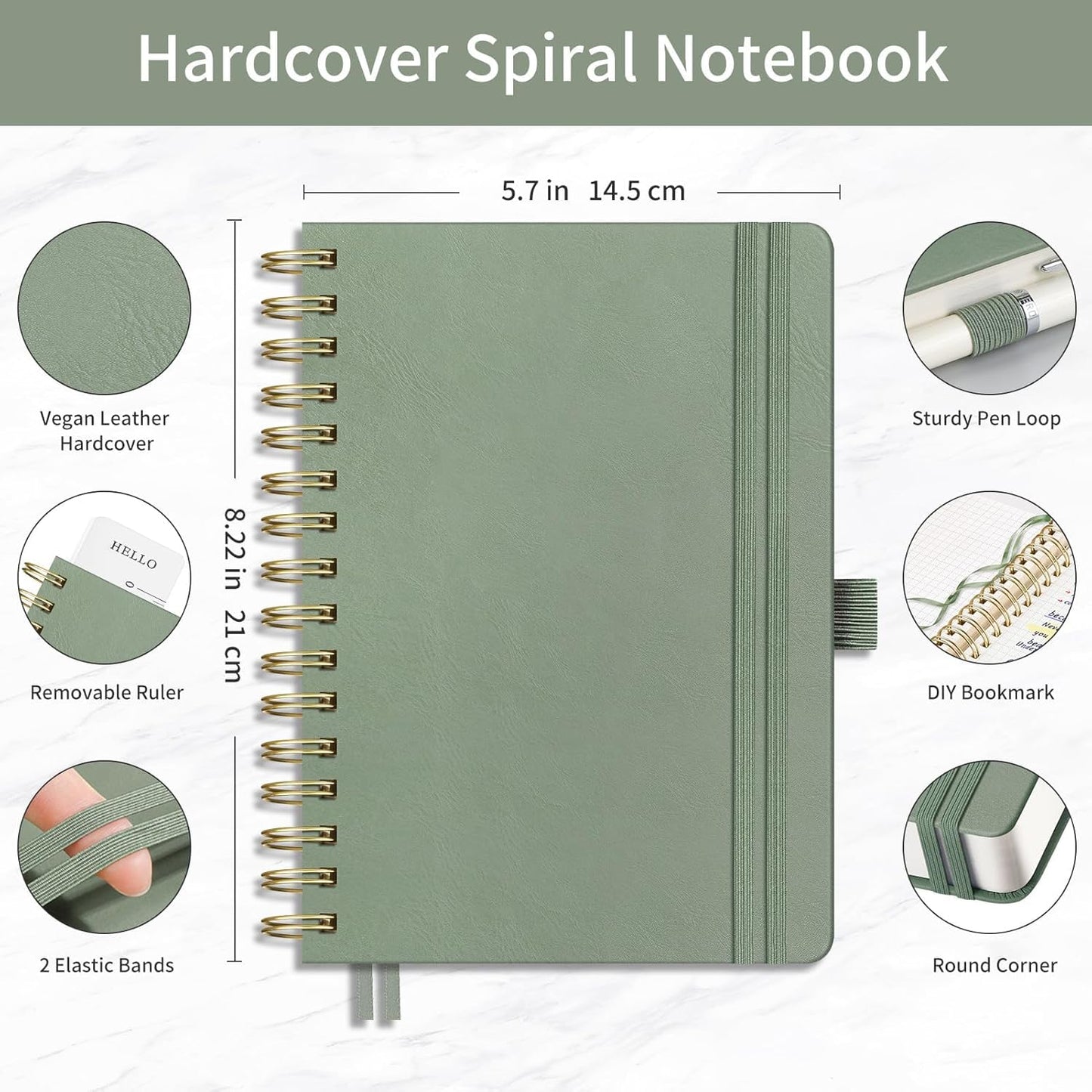 EMSHOI Spiral Graph Paper Notebook - 300 Pages, 100 GSM Thick Grid Notebook, A5 Small Hardcover Leather Journal for Women Men Writing Engineering Graphing, 5.7" x 8.22", Light Green