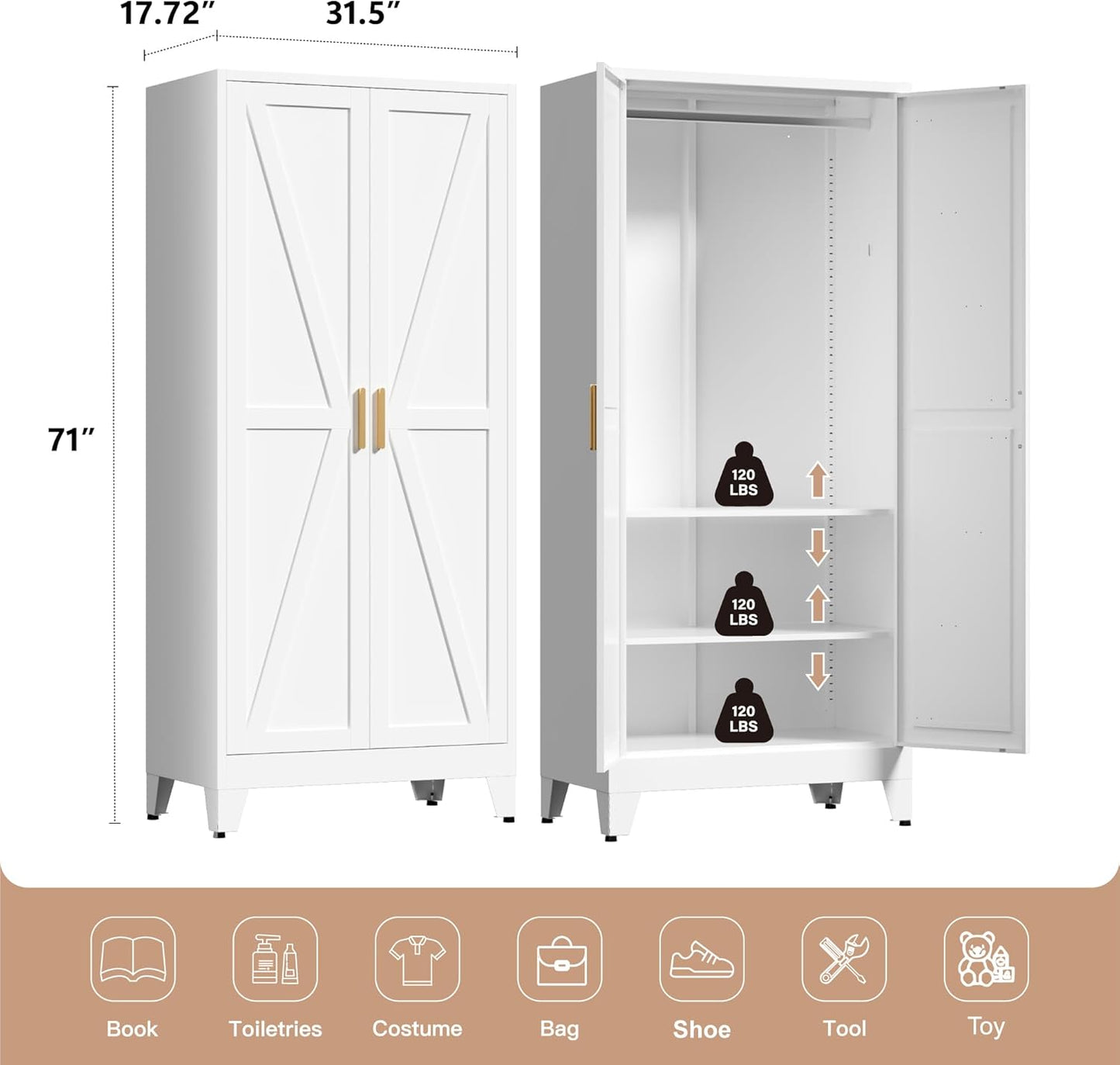71" Tall Metal Wardrobe Closet with Adjustable Shelves and Hanging Rod, 2 Doors Free Standing Armoire Wardrobe Cabinet for Bedroom, Office, Laundry Room, White