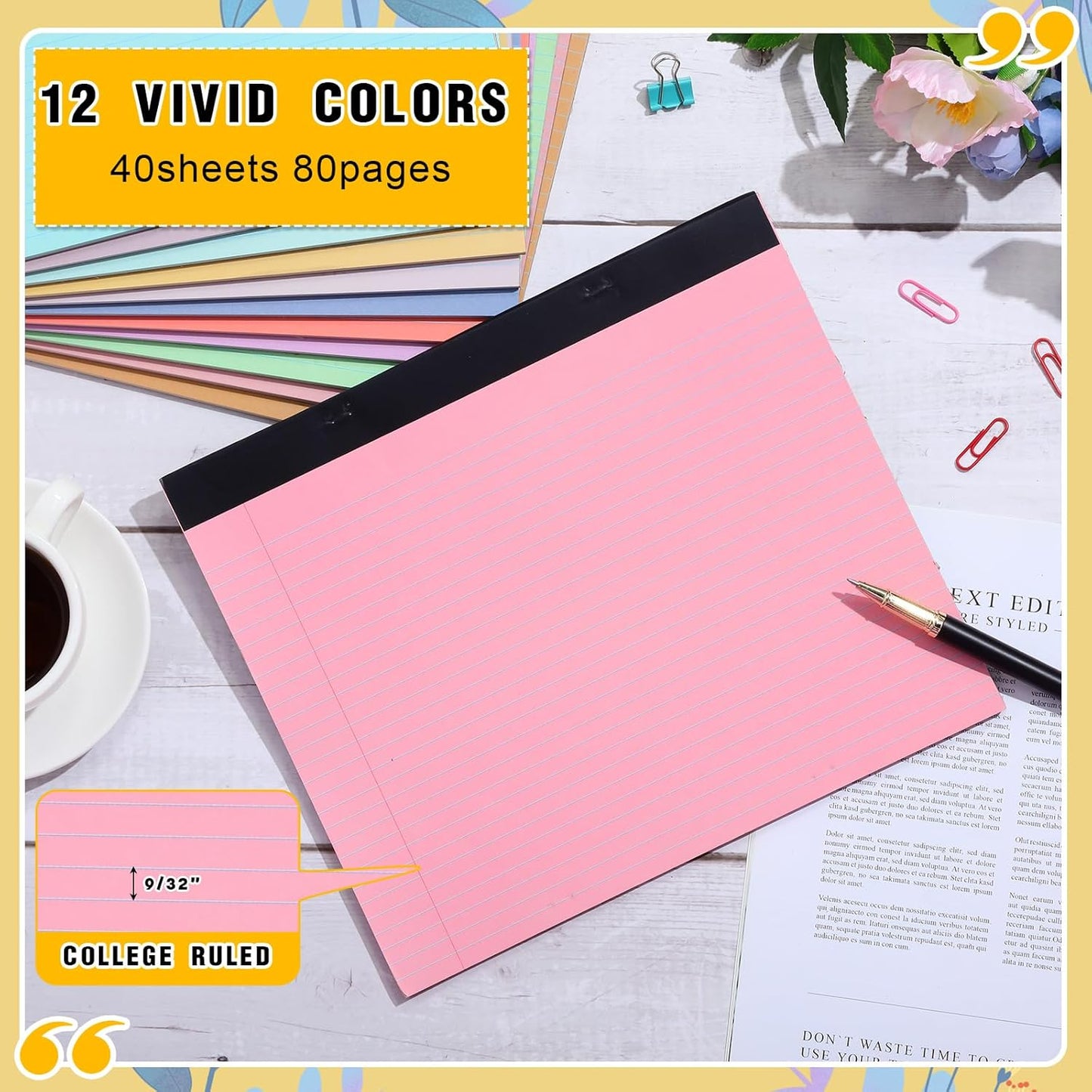 Lincia 12 Pcs 11" x 9.5" Legal Pads College Ruled Notepad Landscape Notebook Horizontal Lined Notebook 80 Gsm Assorted Colors Paper Pastel Writing Pads for School Office, 40 Sheet (Bright Color)