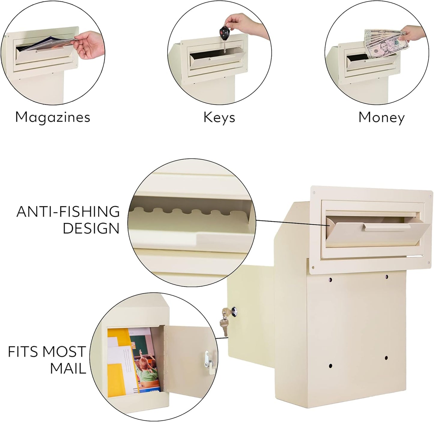 Pochar Door Drop Box for Mail, Rent, Deposit, and Night Key - Through The Door Locking Steel Mailbox with Rear Access (Light Gray)