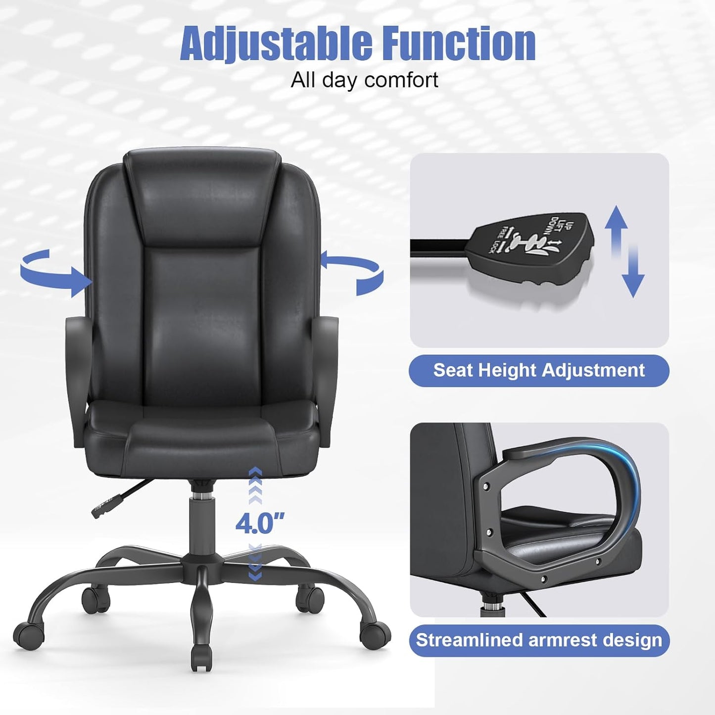 ZZH Executive Office Chair, Leather Desk Computer Chair with Armrests, Mid-Back Swivel Adjustable for Home Office, 4PC, Black
