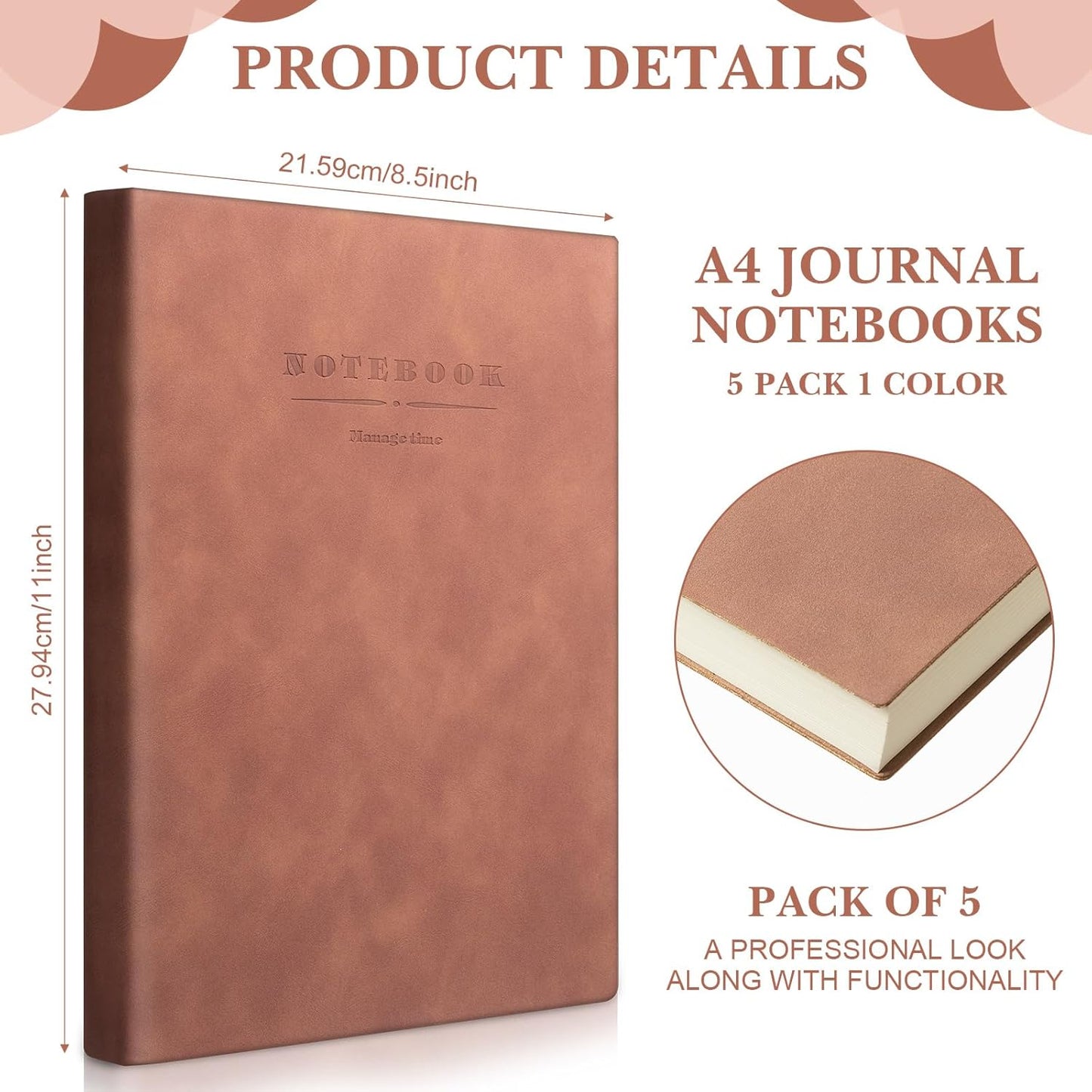 SATINIOR 5 Pack A4 Notebooks Large Journal 360 Pages Leather Softcover Hardcover Notebooks Thick Paper Lined Notepad for Office School Business Note Taking Writing, 8.5'' x 11''(Brown)