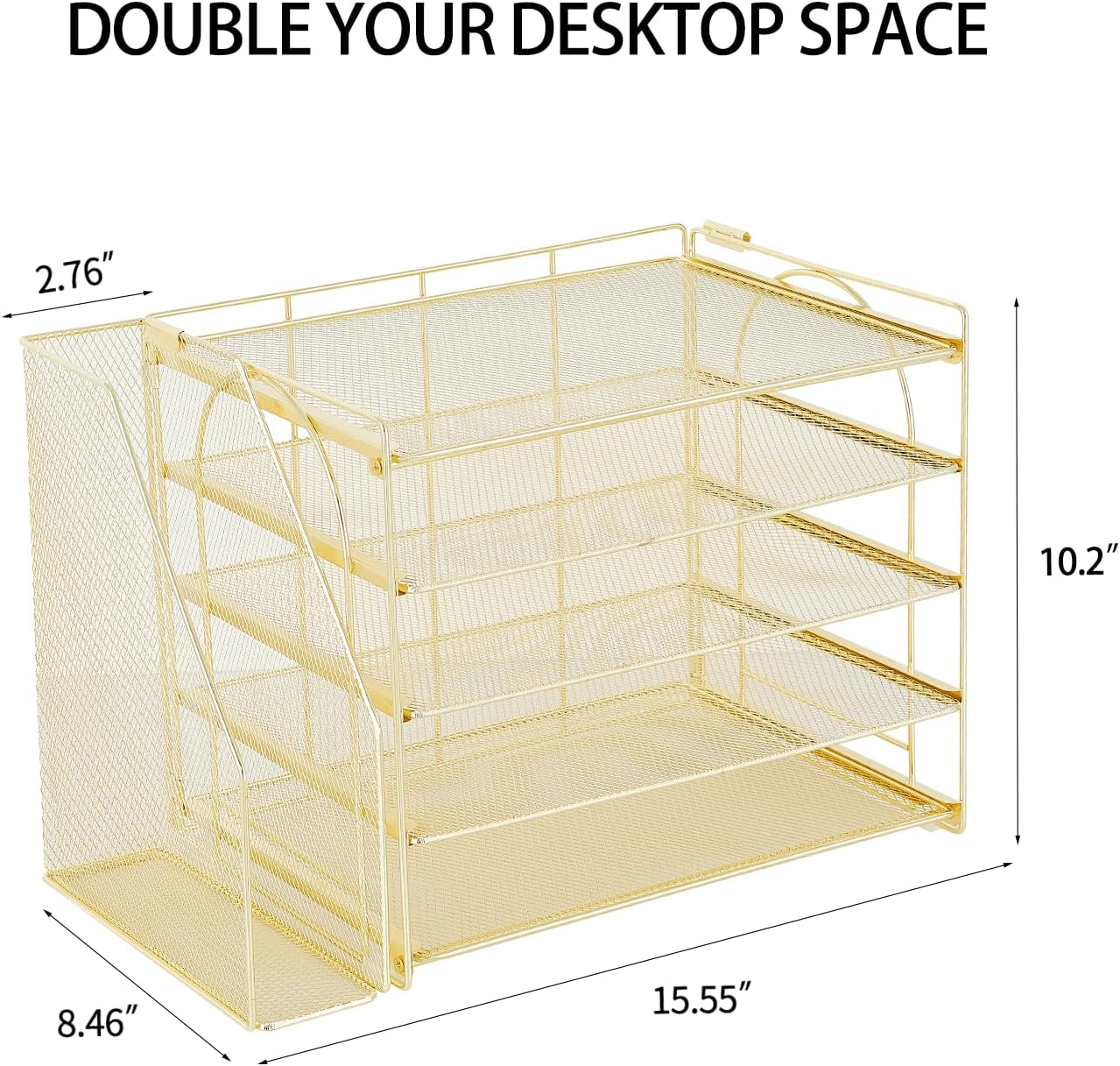 AUPSEN Gold Desk Accessories Organizer,5-Tier Letter Tray Paper Organizer with Adjustable File Holder, Desktop Office Desk Accessories for Office Supplies