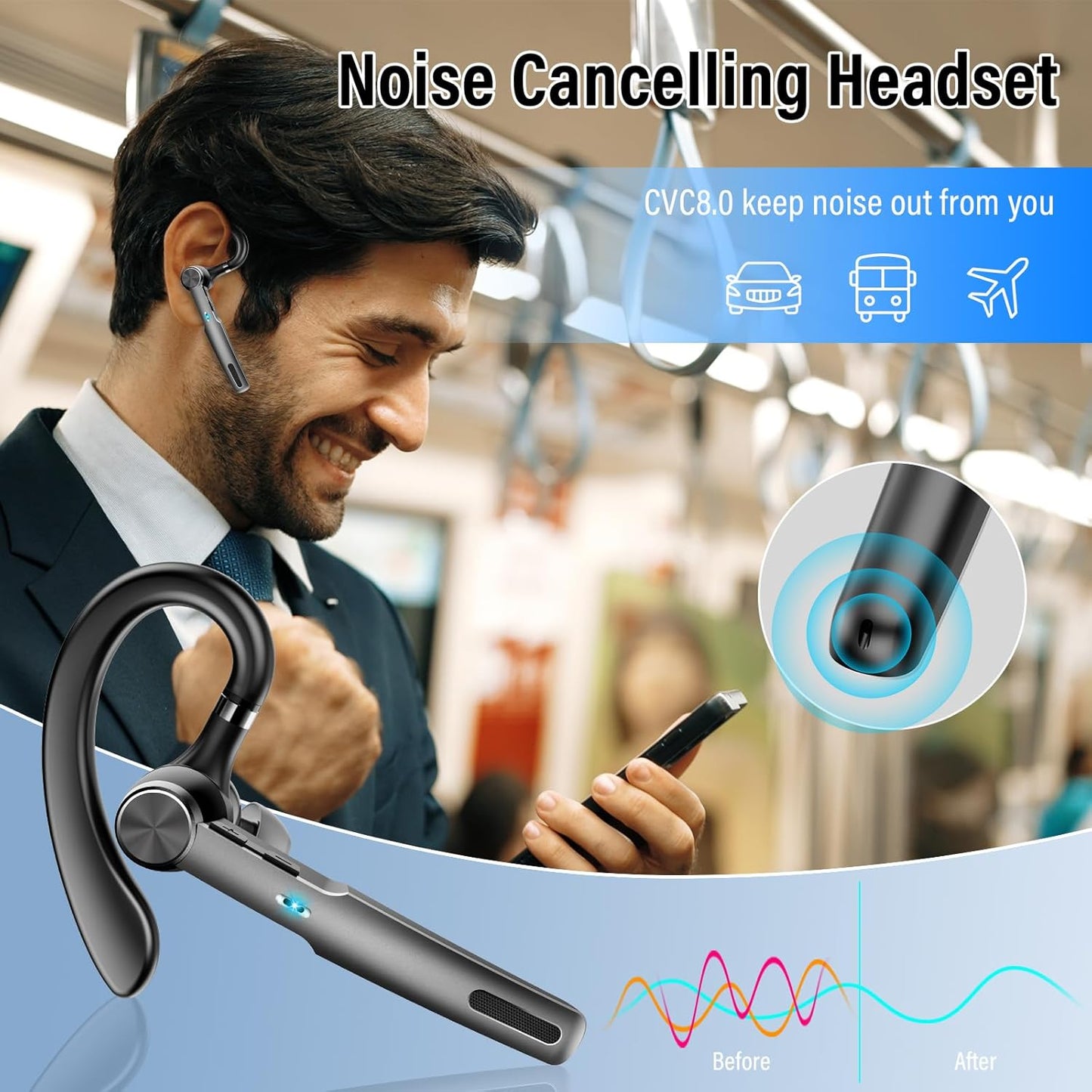 Bluetooth Headset, Wireless Headset with ENC Mic, 60H Talking Time Single-Ear Bluetooth Earpiece V5.3 with Large Charging Case, IP7 Waterproof Hand-Free Headphones for IOS Android Cellphones Black