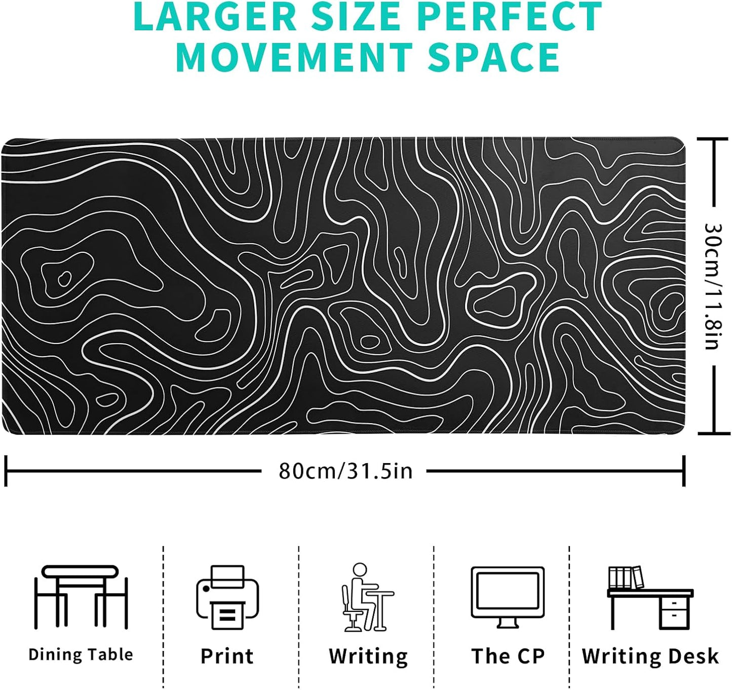 Gaming Mouse Pad Topographic Large Mousepad Keyboard 31.5 x 11.8in for Non-Slip Base and Stitched Edge, Extended Desk Pad XL Desk Mat (Black)