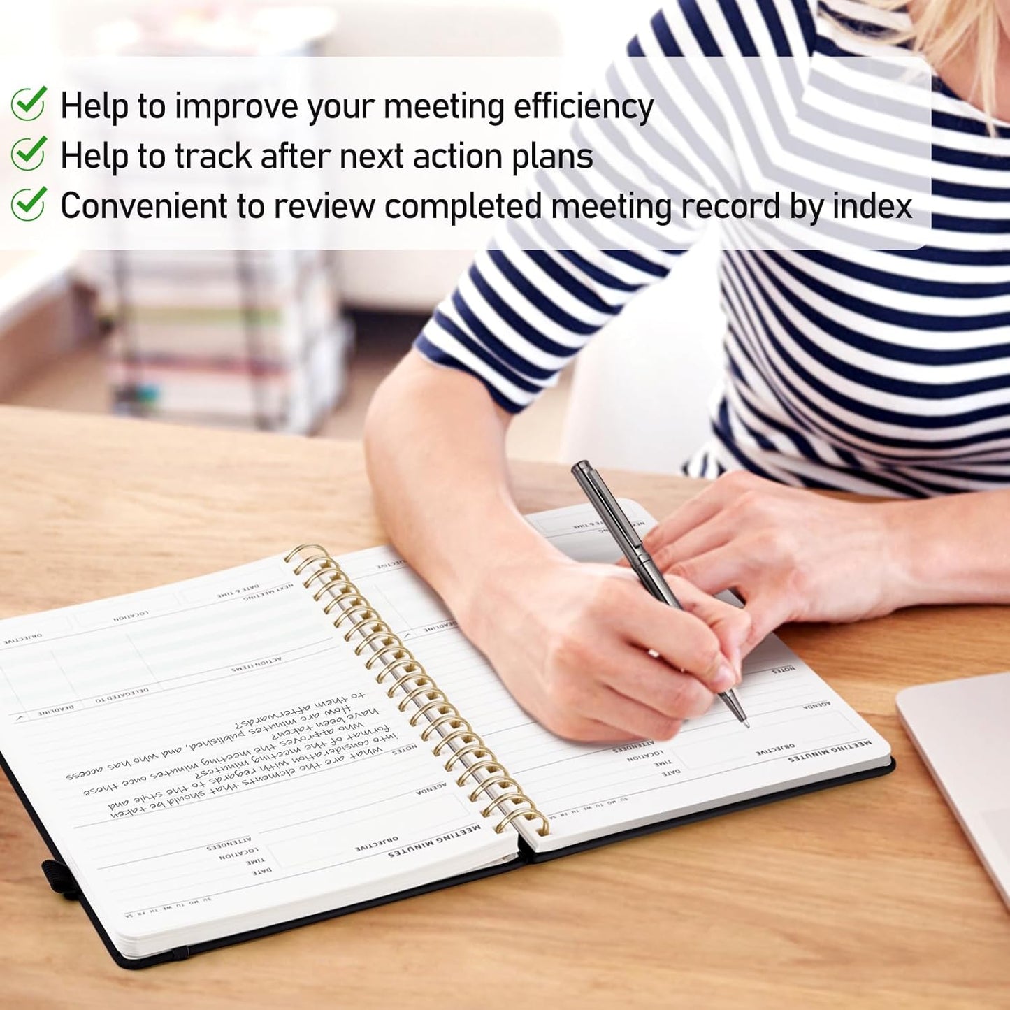 WEMATE Meeting Notebook for Work B5 (7"x10") - PU Leather Work Notebook with Agenda, Action Items & Notes - 200 Pages for Men&Women, Staff and Students, Meeting, Projects Planning - Black