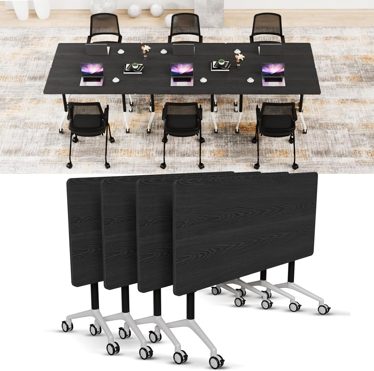 Conference Room Table with Flip-Top Design for Dynamic Meetings, Business Table Computer Desk with Heavy-Duty Frame,Foldable Seminar Meeting Tables for Home Office (4, F, 55.1IN)