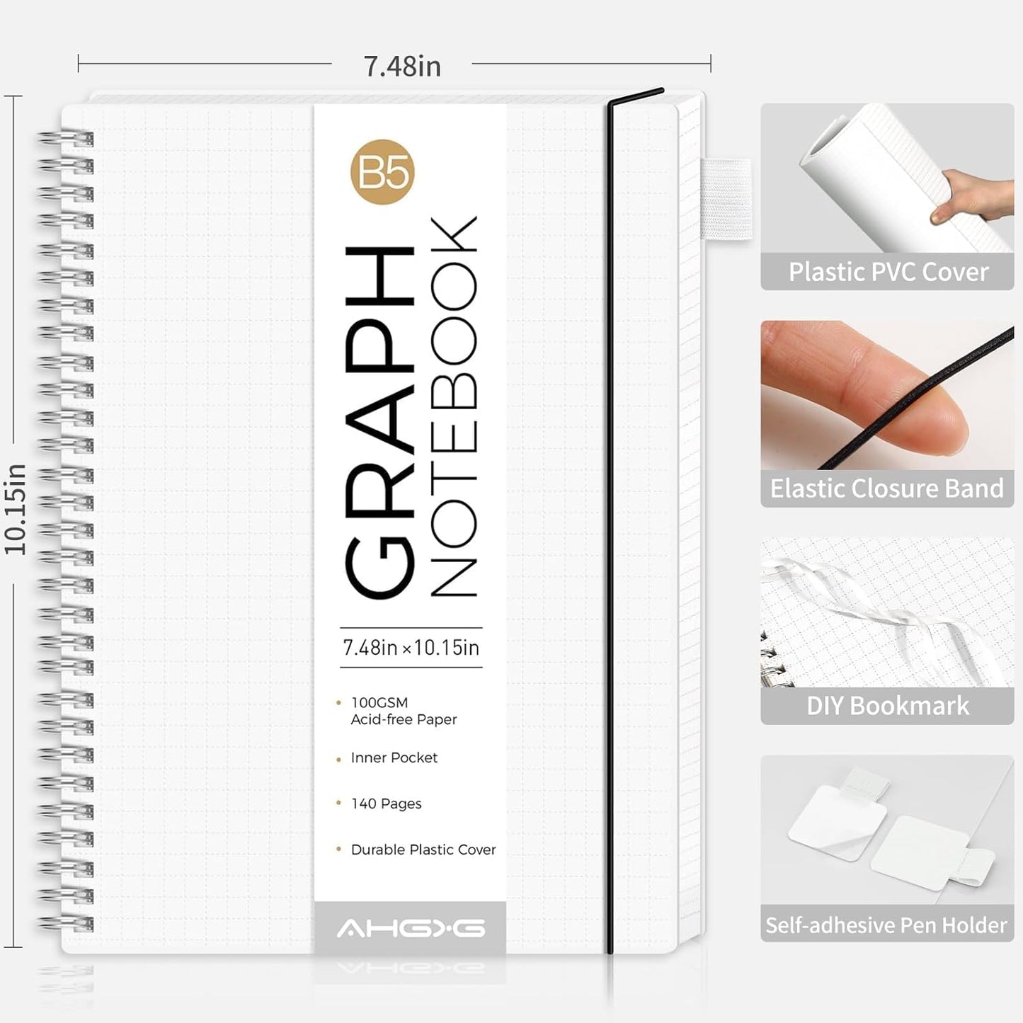 AHGXG Graph Paper Notebook - Spiral Notebook Journal 7.6" x 10", B5 Large Graph Notebook, 140 Pages, 100 gsm Thick Grid Paper, Waterproof Plastic Cover, for School Writing Engineering, Transparent