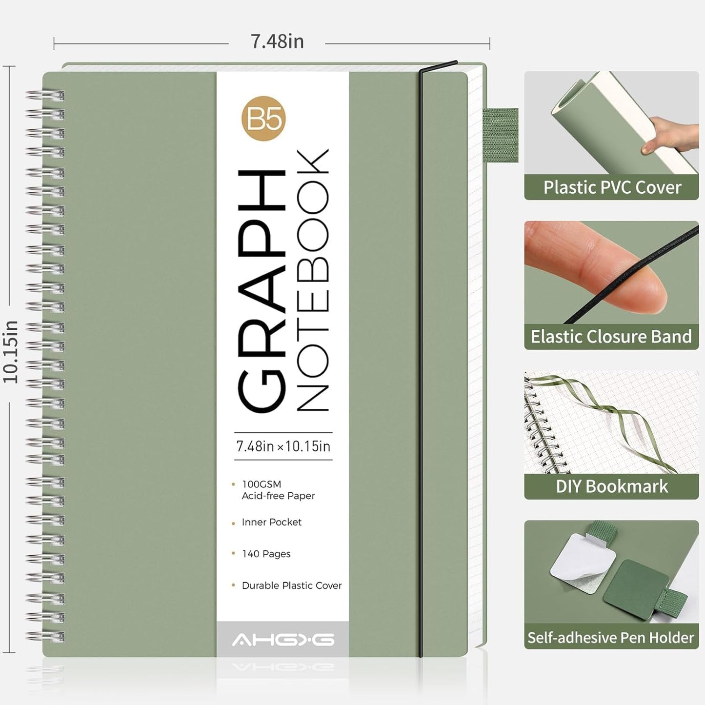 AHGXG Graph Paper Notebook - Spiral Notebook Journal 7.6" x 10", B5 Large Graph Notebook, 140 Pages, 100 gsm Thick Grid Paper, Waterproof Plastic Cover, for School Writing Engineering, Sage Green