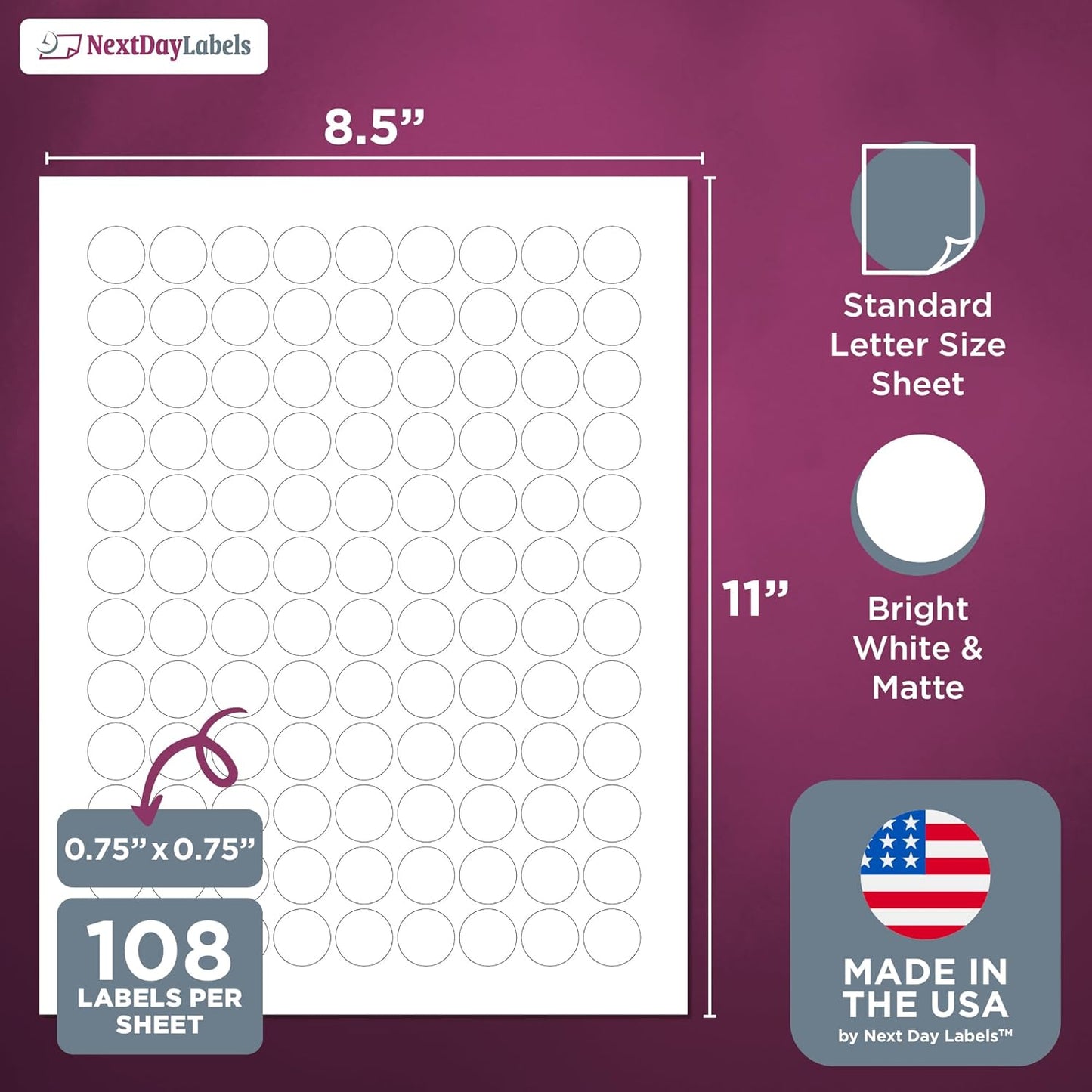 NextDayLabels – 3/4 Inch Round Labels - Round Sticker Labels for Printer - Matte White Blank Laser/Inkjet Printer Labels - Circle Stickers Printable Labels (50 Sheets, 108 Per Sheet, 5400 Labels)