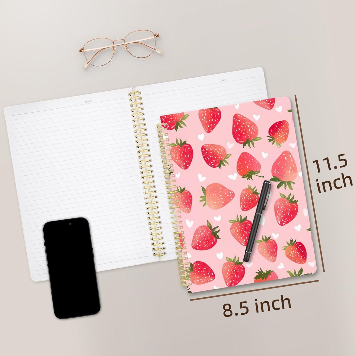 Cute Spiral Notebook journal A4 Aesthetic Pretty Design for Women Girls Kawaii with Pocket, 8.5 x 11 inch, Lined, Strawberry