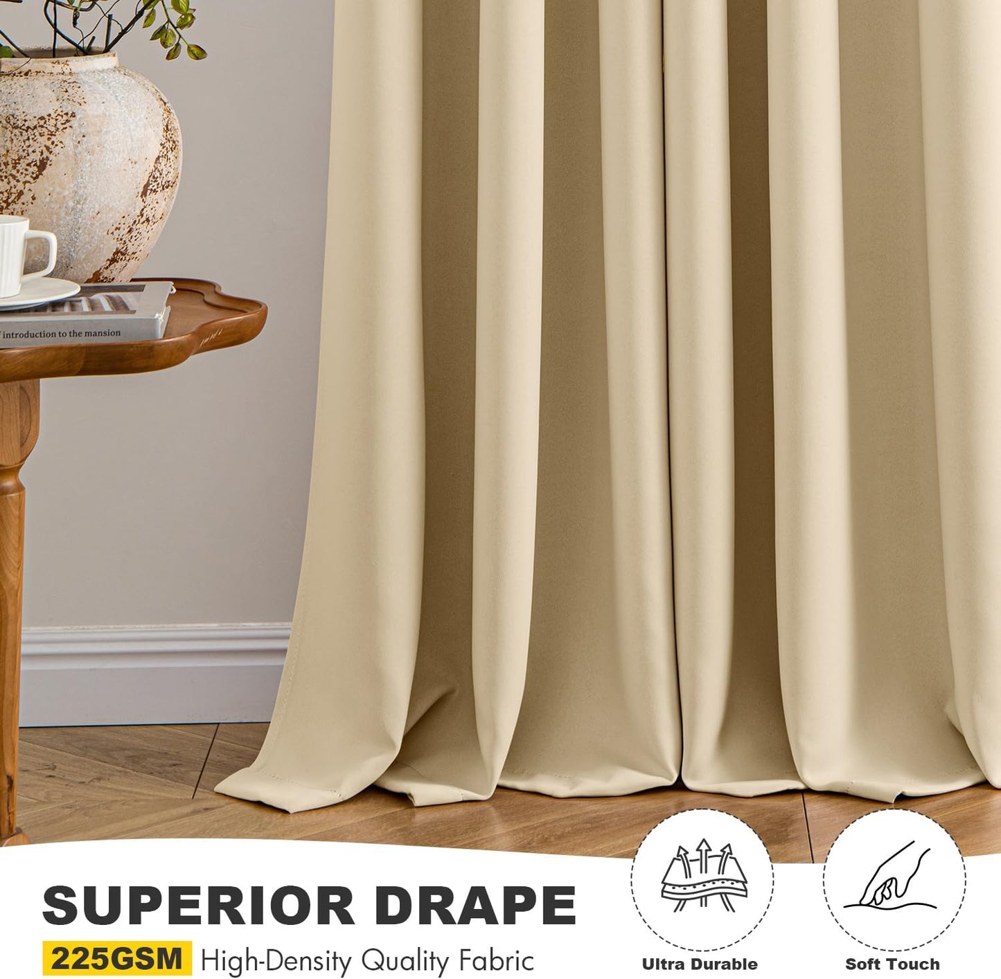 MIULEE Cream Beige Blackout Curtains for Bedroom Living Room 96 Inches Long 2 panels, Thermal Insulated Room Darkening Drapes Solid Grommet Top Noise Reducing Light Blocking Window Curtains 40x96 Inch