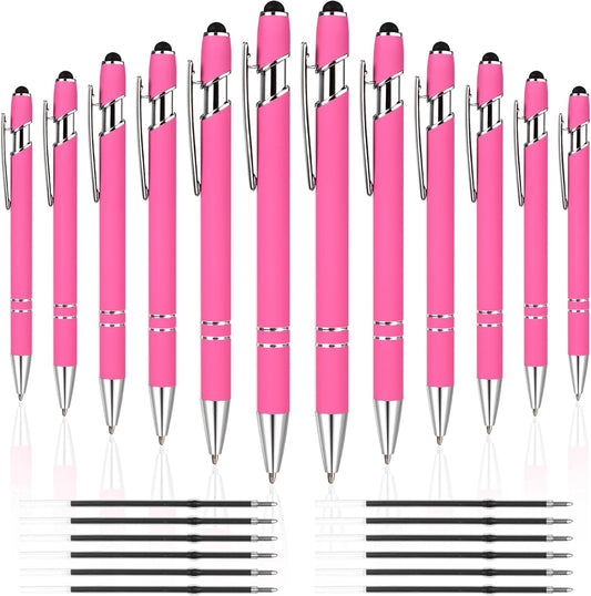 12 PCS 2 in 1 Stylus Ballpoint Pen with Stylus Tip, 1.0 mm Black Ink Metal Pen Stylus Pen for Touch Screens (Silver & Pink)