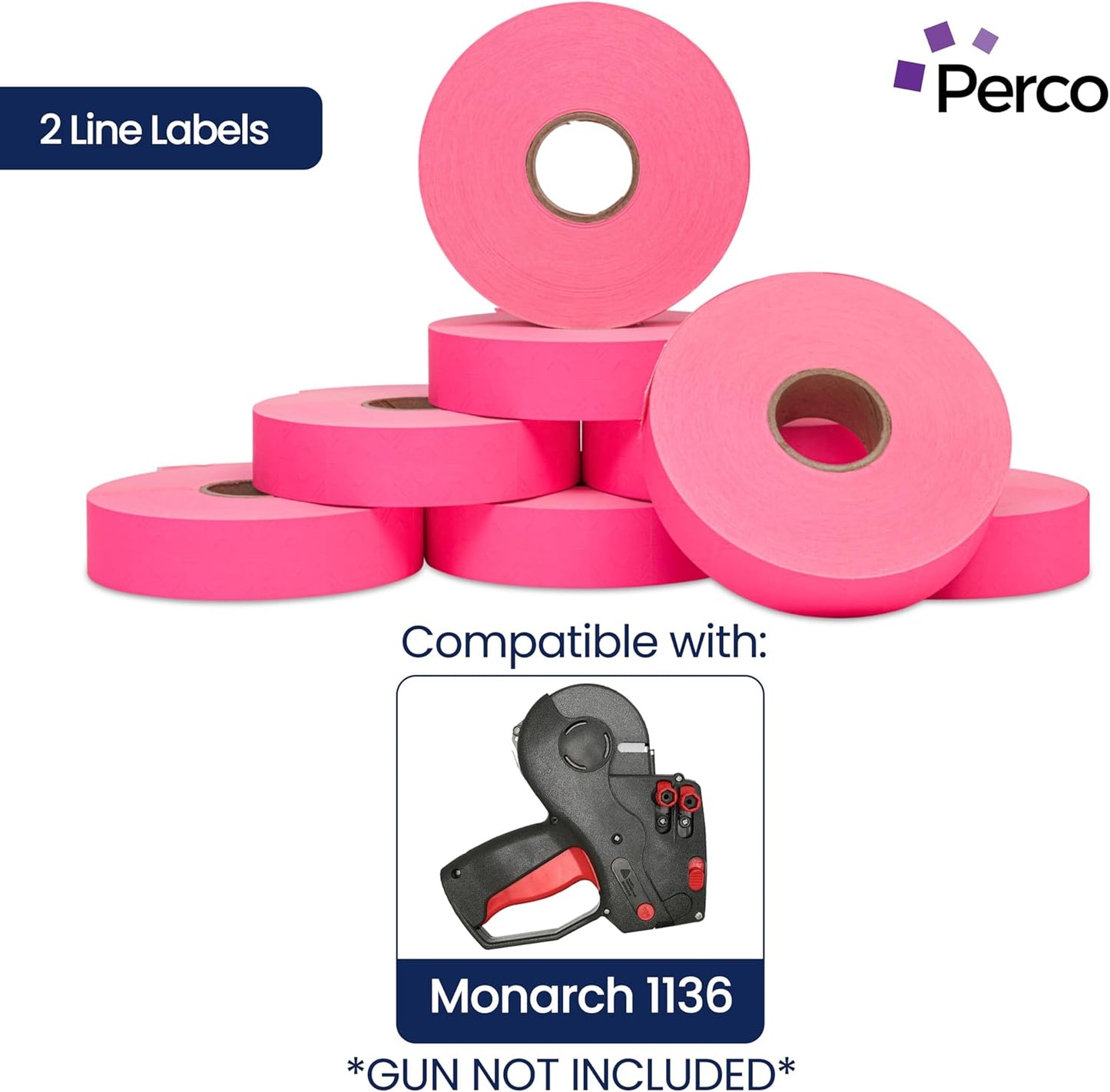 Perco Fluorescent Pink Pricing Labels for Monarch 1136 Price Gun - 8 Rolls, 14,000 Pricemarking Labels - with Bonus Ink Roll Included