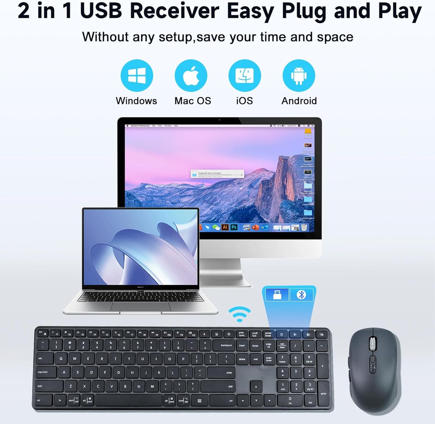 M9250 Wireless Keyboard Mouse Combo,Scissors Mechanism QWERTY Silent Wireless Bluetooth Keyboard and Ergonomic Mouse Set for Windows, iOS, Android, Computer Desktop PC Laptop iPad