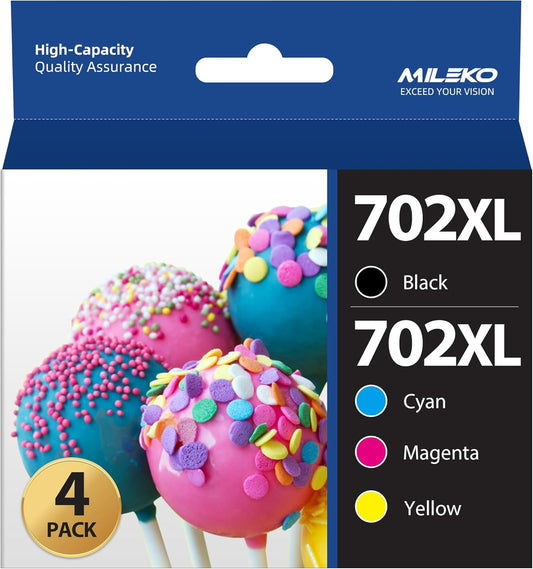 MILEKO 702XL Ink Cartridges Remanufactured Replacement for Epson 702XL 702 702 XL T702XL use with Workforce Pro WF-3720 WF-3730 WF-3733 Printer (1 Black 1 Cyan 1 Magenta 1 Yellow,4 Pack High Yield)