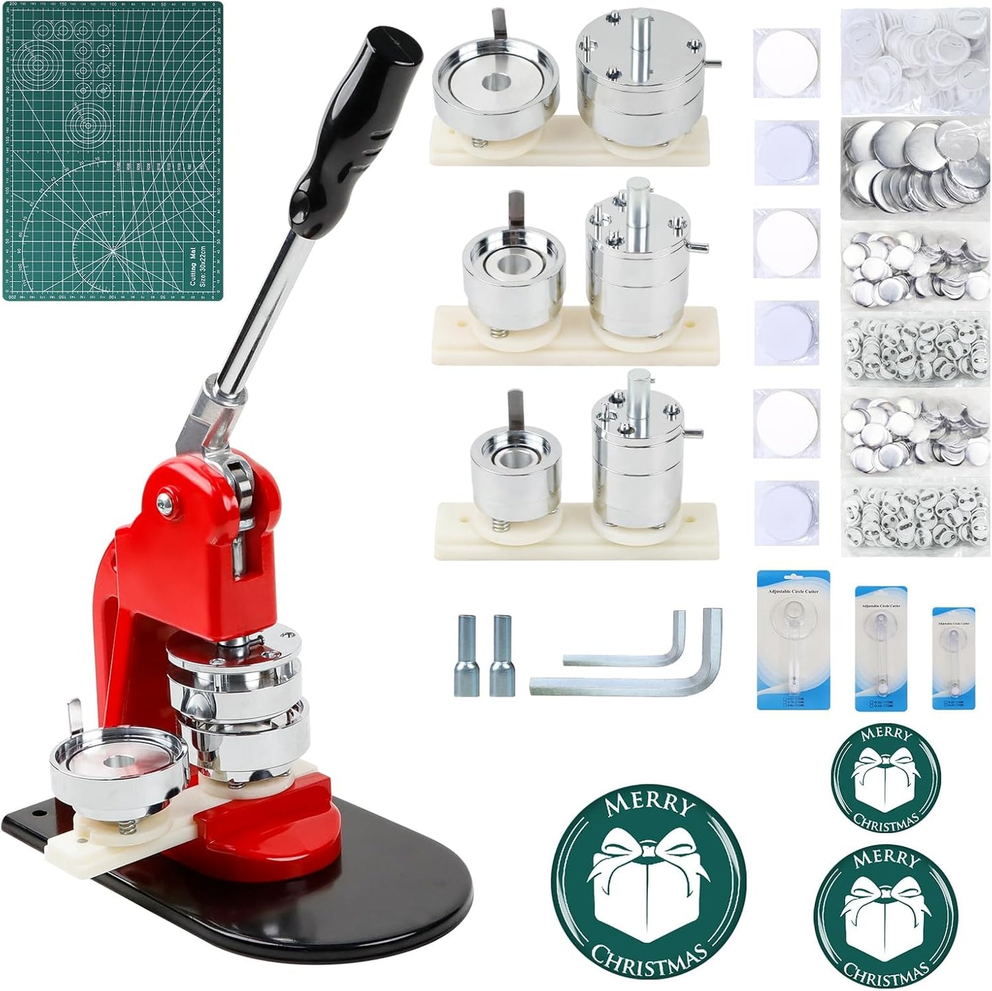 Button Maker Machine Multiple Sizes, 1 inch+1.25 inch+2.25 inch DIY Button Press Machine Kit, Metal Button Press Machine with Cutting Mat and Circle Cutte, Come with 300 Button Parts Supplies