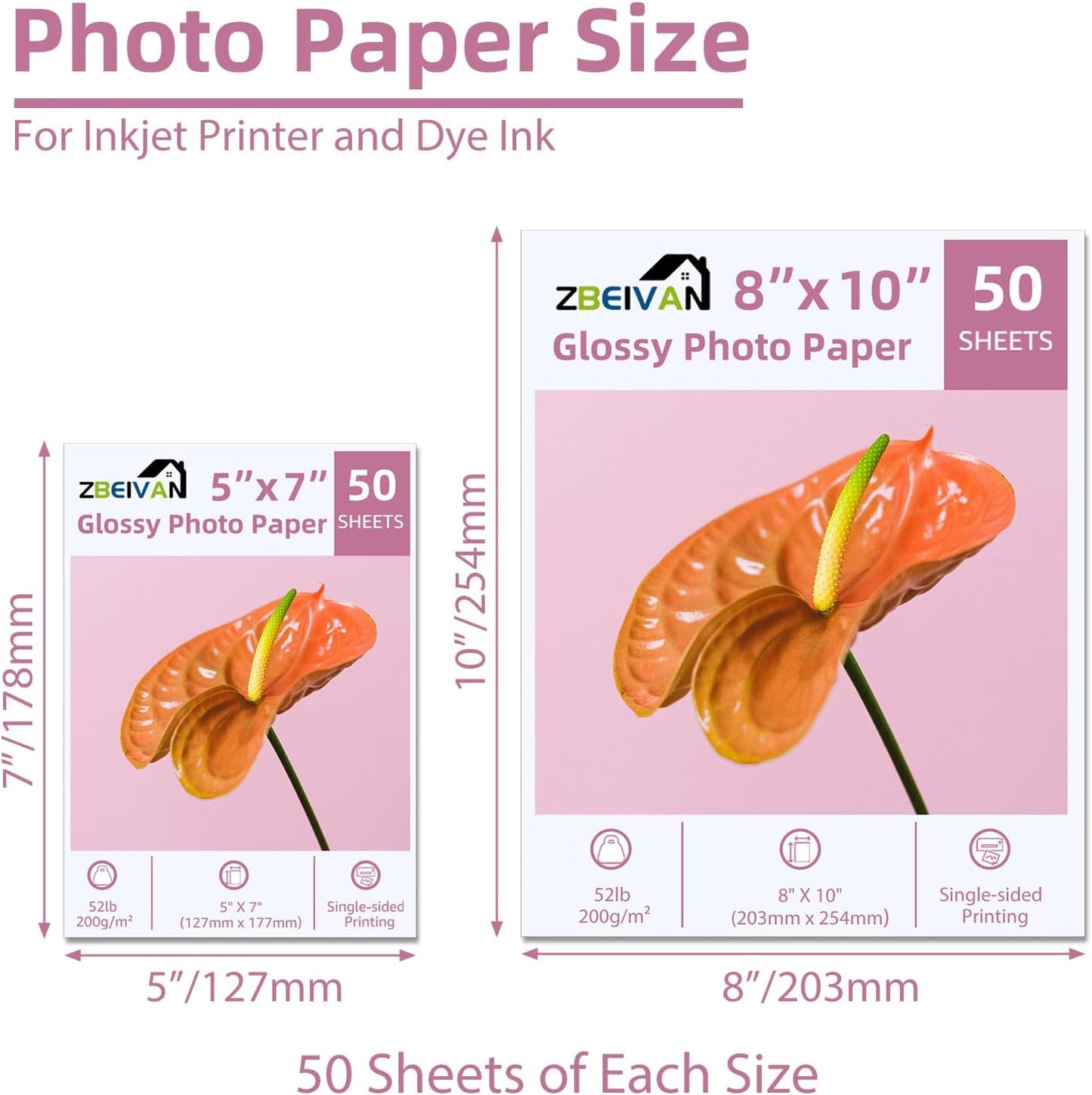 ZBEIVAN Photo Paper 5x7, 8x10 inch, Glossy Photo Papers 100 Sheets, 200 GSM Paper for Printer (50 Sheets of each size 5x7, 8x10)