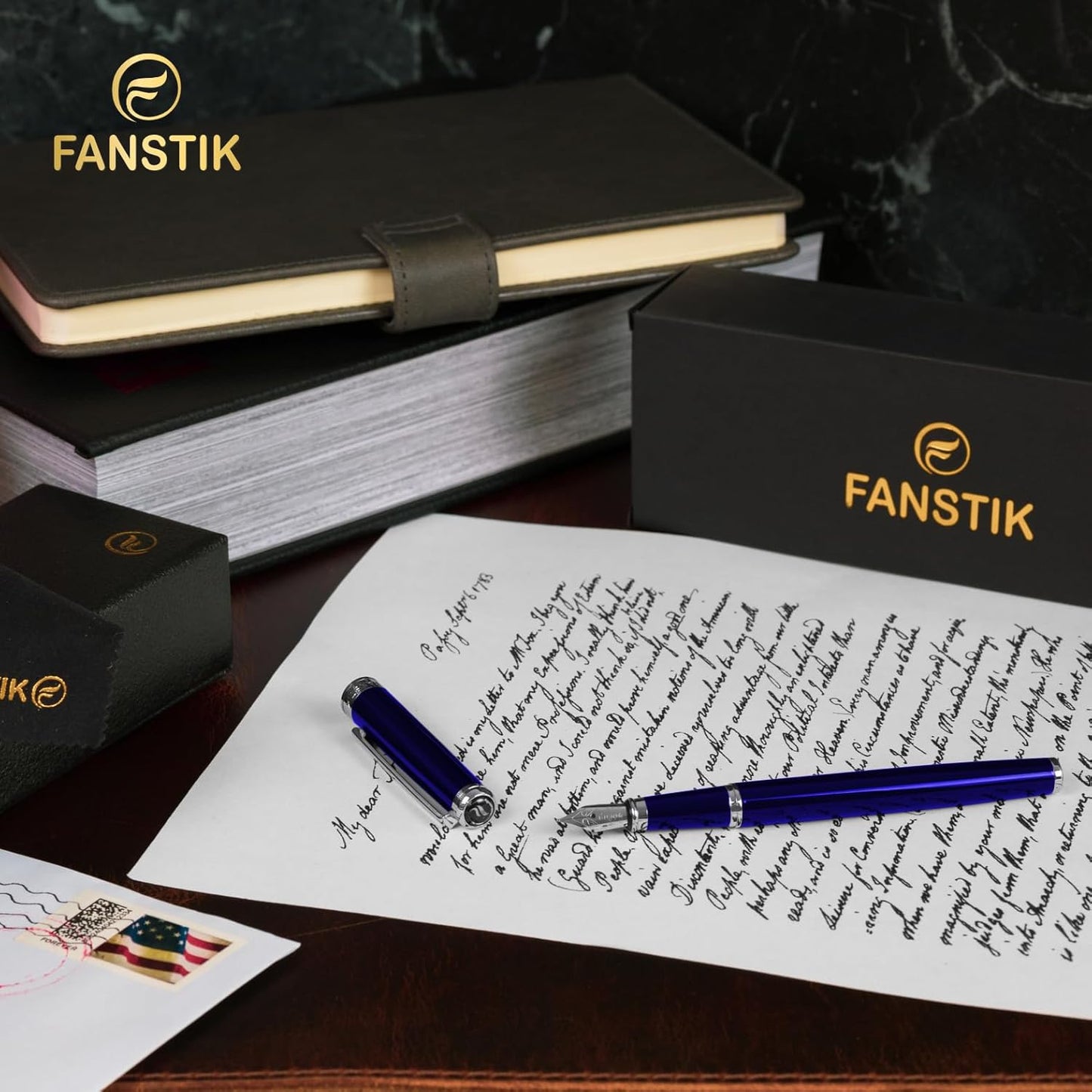 Customized Blue Luxury fountain pen (Made In USA) fancy gift set for women, Real 24K Gold Plating, Professional executive pen gift set for men (Lux Custom-fountain Blue)