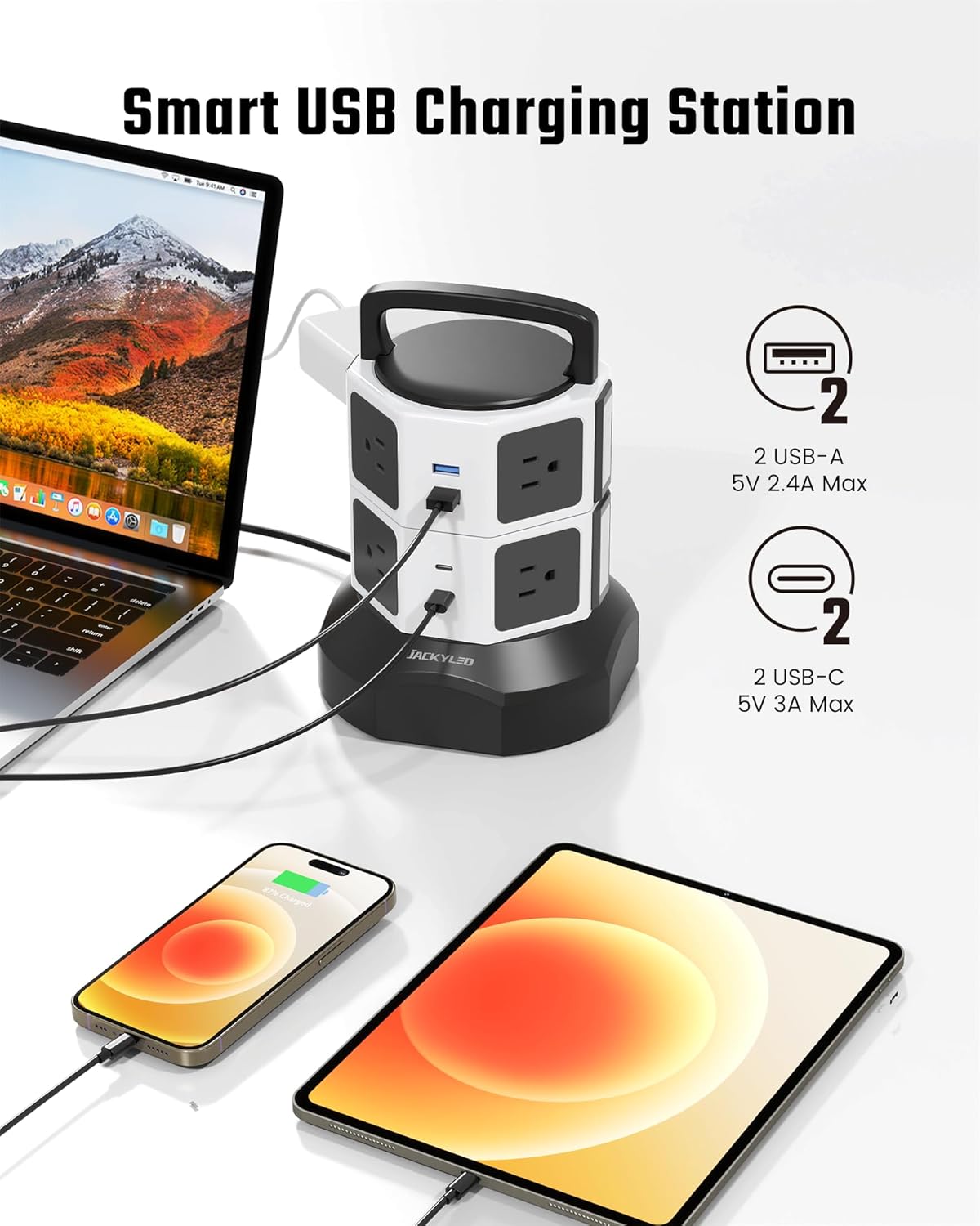 Tower Surge Protector Power Strip, JACKYLED Extension Cord with Multiple Outlets, 8 Outlets 4 USB Ports(2 USB C) 1625W/13A Retractable Cord Charging Station with 1050J Protection, Home Office Supplies