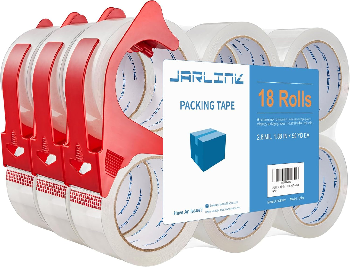 JARLINK 18 Rolls Clear Packing Tape with 3 Dispensers, Heavy Duty Packaging Tape Refills for Shipping Packaging Mailing, 2.8mil Thicker, 1.88 inches Wide, 55 Yards Per Roll, 990 Total Yards