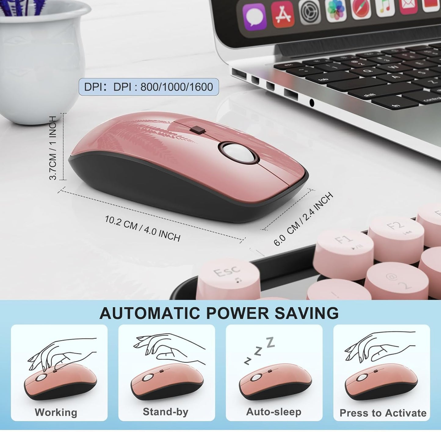 Wireless Keyboard and Mouse Combo, 104 Round Keys Cute Colorful Keyboard and Mouse with Retro Typewriter for PC/Mac/Laptop/Tablet/Computer/Windows Black