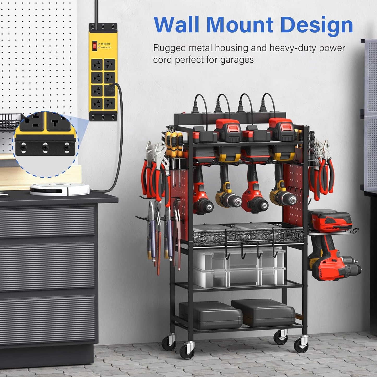 CCCEI Magnetic Heavy Duty Power Strip Surge Protector 20Amp, 12 Gauge High Amp Extension Outlets, Garage Wall Mount 8 Plug Metal Power Strip. 6FT, Yellow, 5-15P Adapter 6-20R T-Slot 20a for Appliance