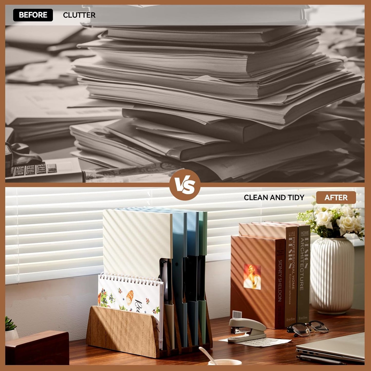 KIRIGEN Wooden Desk Mail Organizer 5 Slots File Paper Holder Desktop Wood Document Letter Holder Organizer for Home Office Dark Brown (5KWJJ-DBR)