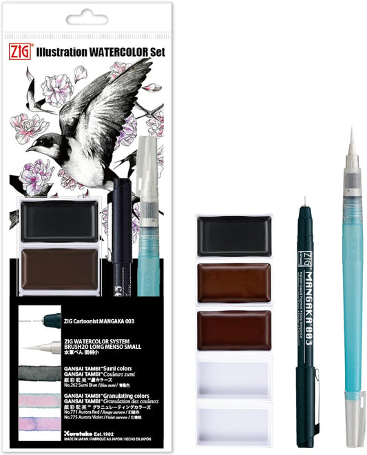 Kuretake Zig illustration watercolor Set, 3 Gansai Tambi, Fineliner and Waterbrush pen, for Inktober, Manga, Drawing, Calligraphy, Professional, Artist, Made in Japan (IKTB-25/7V)