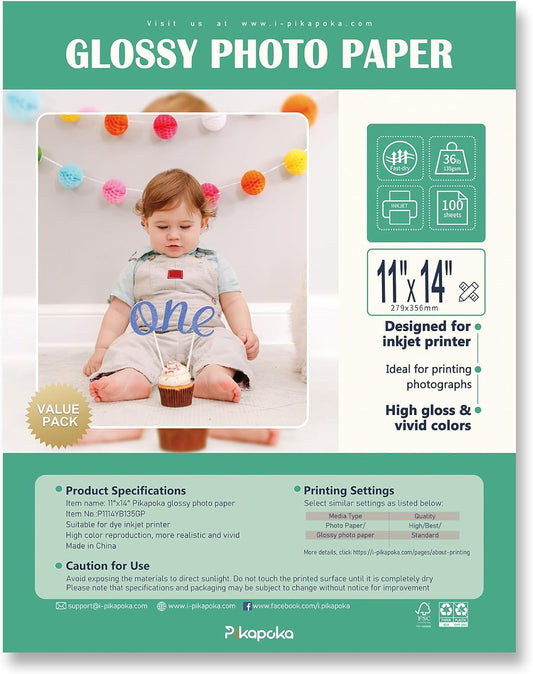 36lb Glossy Photo Paper, 11x14, 11R Size, Thin Glossy Photo Paper for Chip Bags, Inkjet, 100 Pack