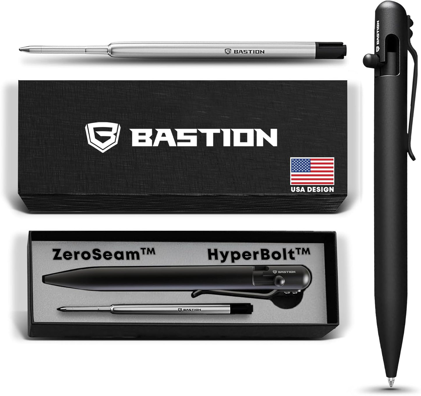 BASTION® Luxury Bolt Action Pen, Durable Professional Ballpoint Pen with Fine Tip, EDC Pen Ink Refillable Pen - Black Stainless Steel