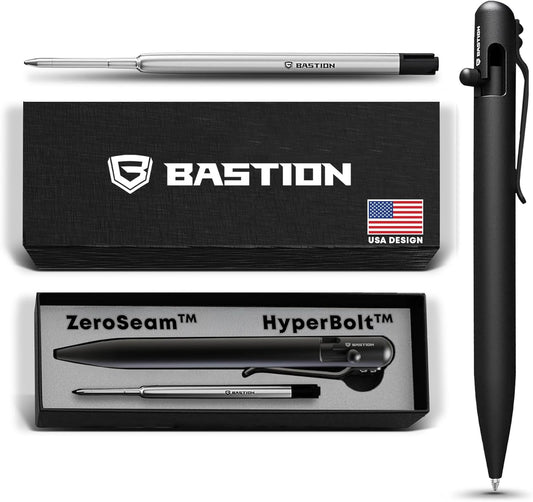BASTION® Luxury Bolt Action Pen, Durable Professional Ballpoint Pen with Fine Tip, EDC Pen Ink Refillable Pen - Black Stainless Steel