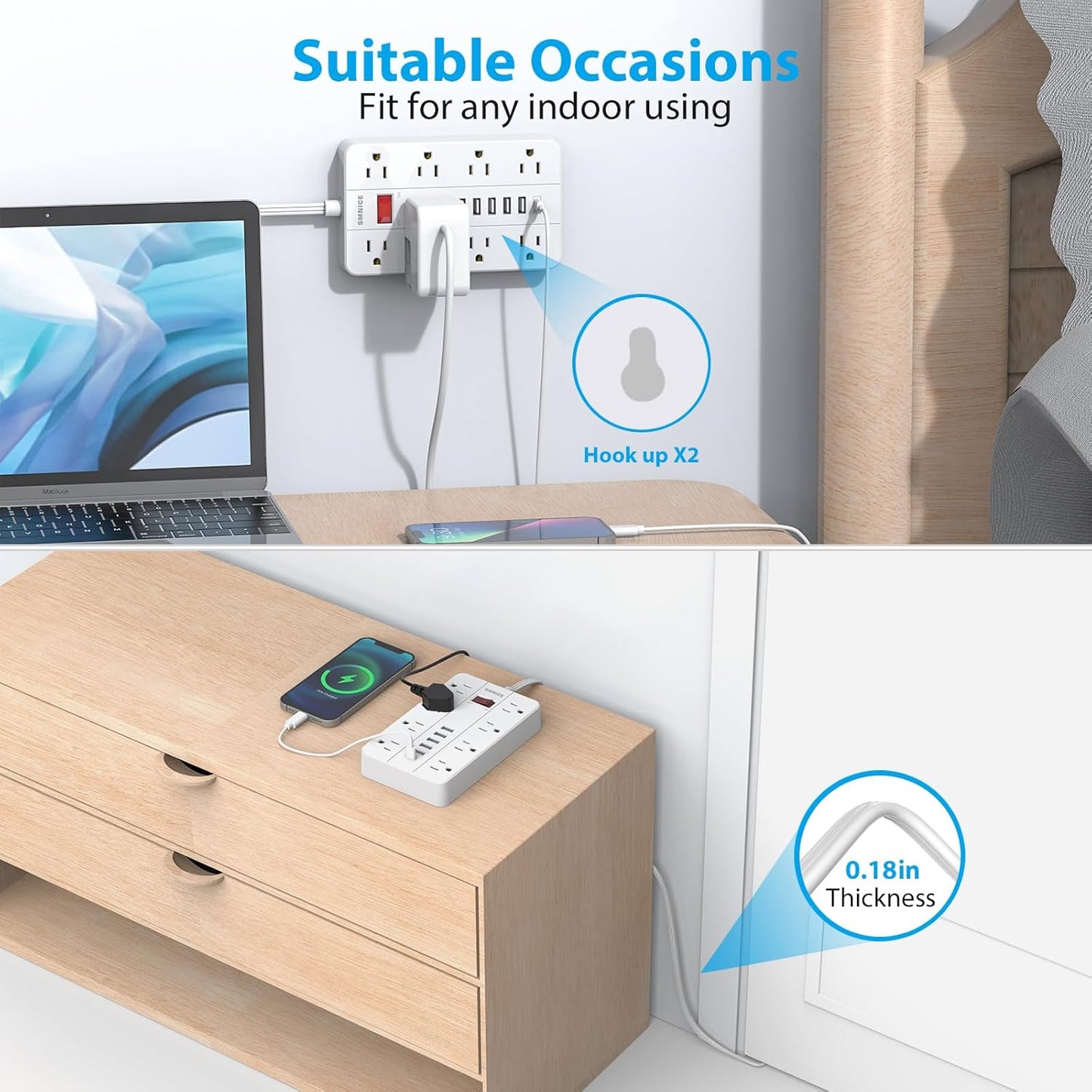 Flat Plug Extension Cord 15 Ft, SMNICE Surge Protector Power Strip with 8 Widely Spaced Outlets and 6 USB(1USB C) Ports, Wall Mount Long Charging Station for Dorm Home, Office Accessories, White